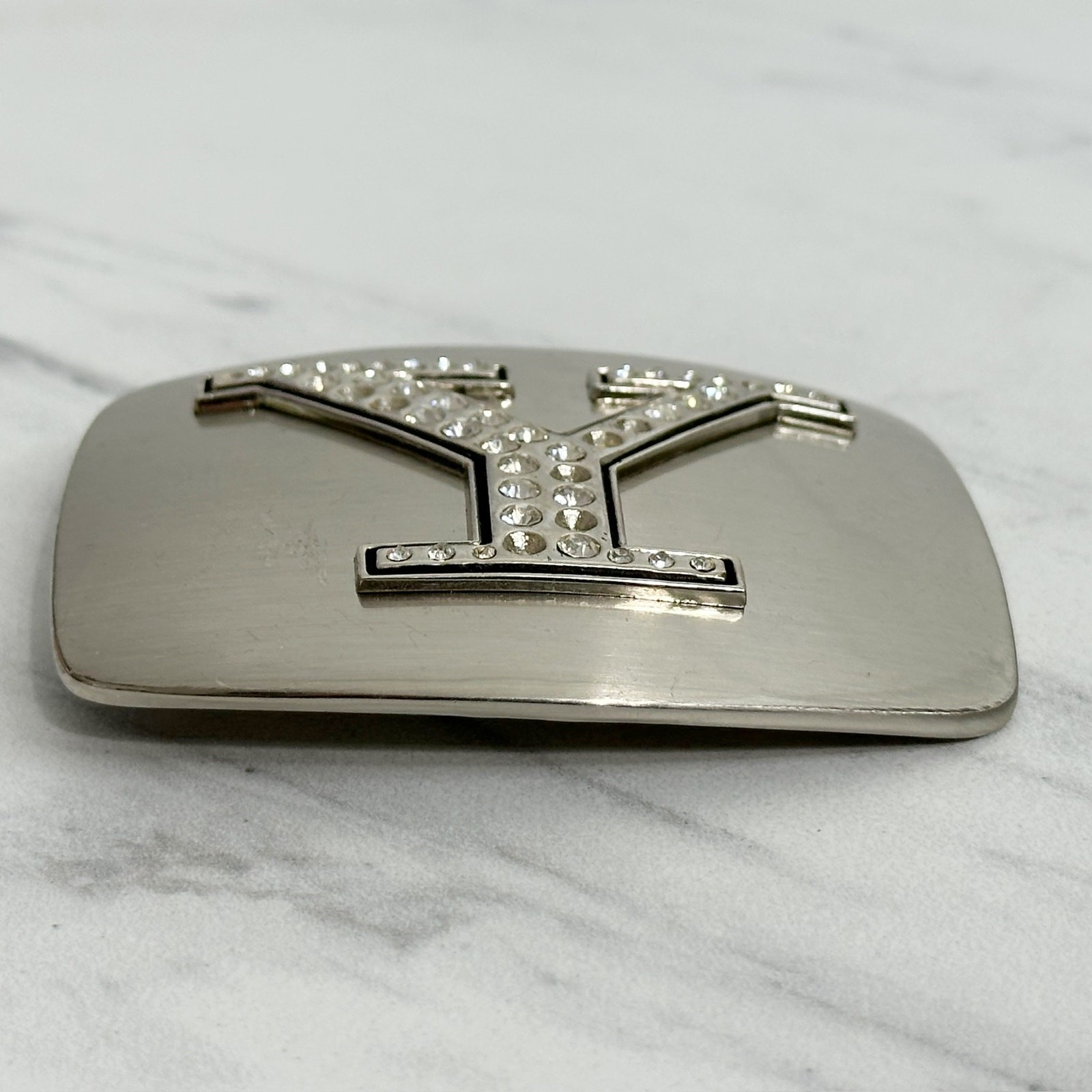 Rhinestone Studded Y Letter Initial Monogram Silver Tone Belt Buckle