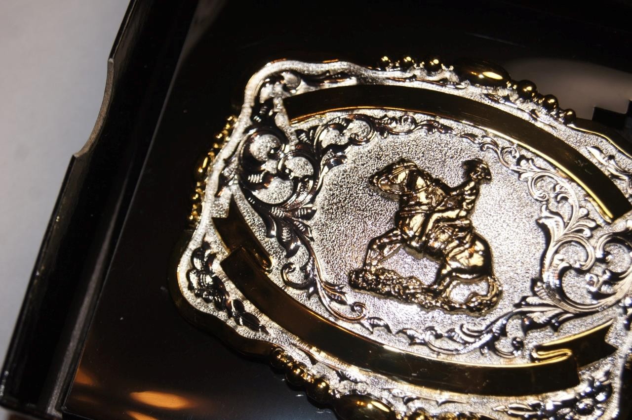 Lightning Ridge Crumrine Western Belt Buckle Trophy Reiner 2 Ribbons 38424