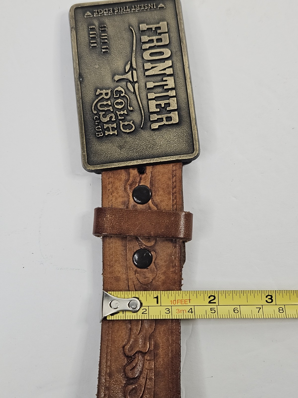 Vintage 80s FRONTIER Gold Rush Club Belt Buckle w/ Embossed Brown Leather Belt