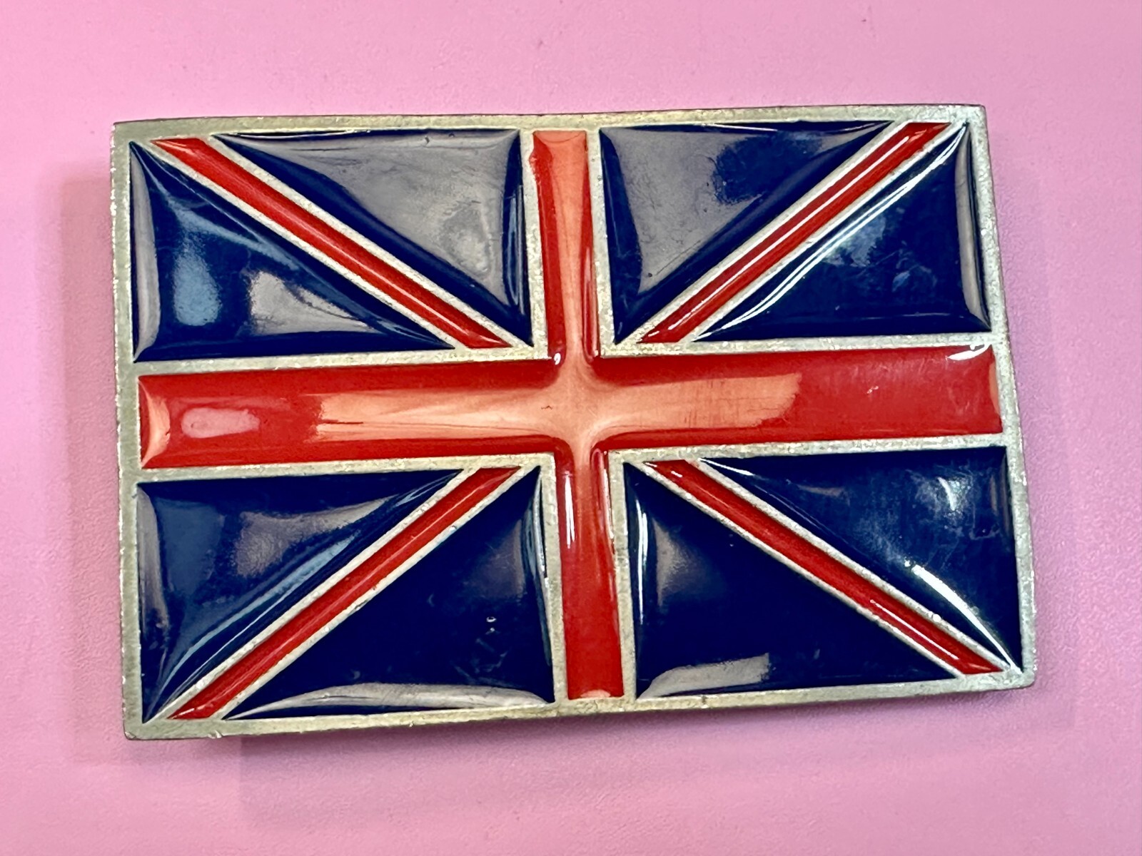 British UK Flag Union Jack Blue & Red Enameled Silver Tone MOBTOWN Belt Buckle