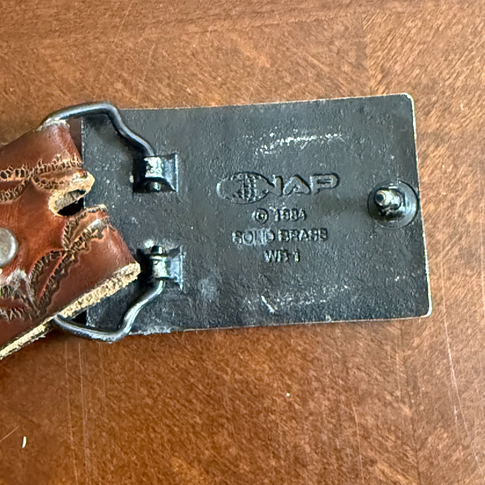 Vtg 1984 NAP Solid Brass Belt Buckle Bass Fish Woodgrain Western USA Leather