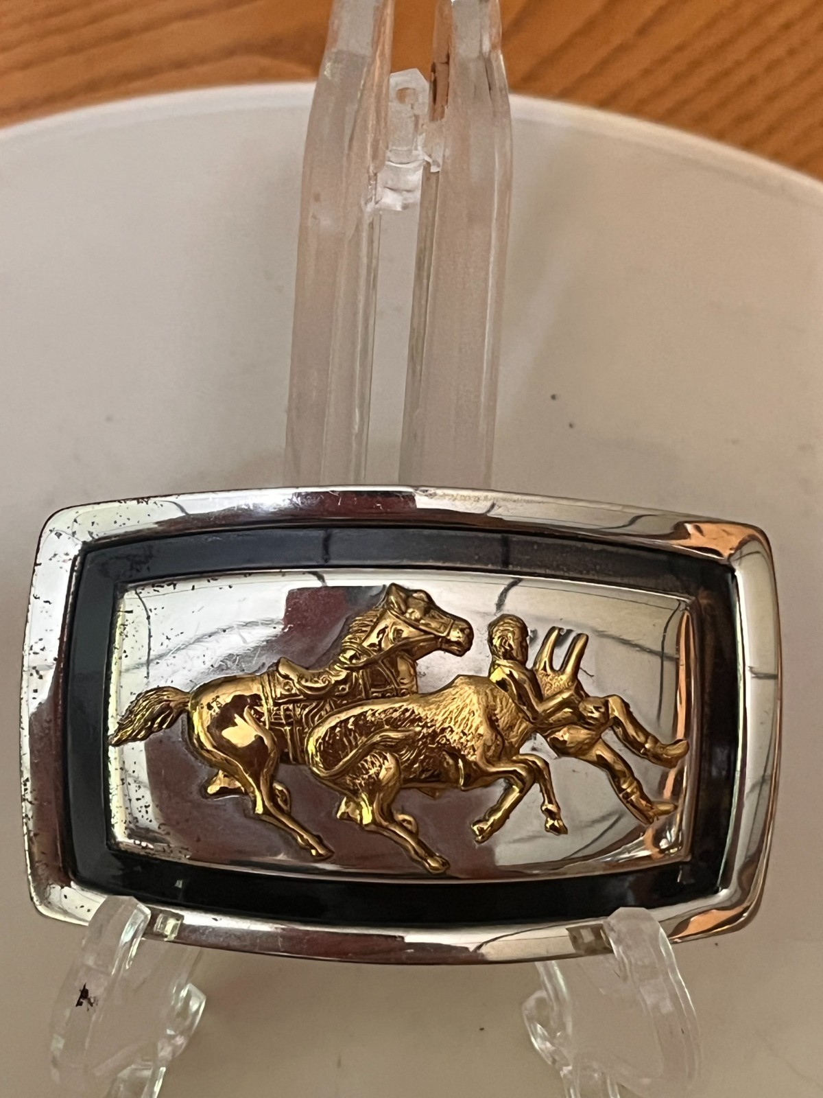NICKEL SILVER COWBOY CALF BULLDOGGING BELT BUCKLE MADE BY JUSTIN