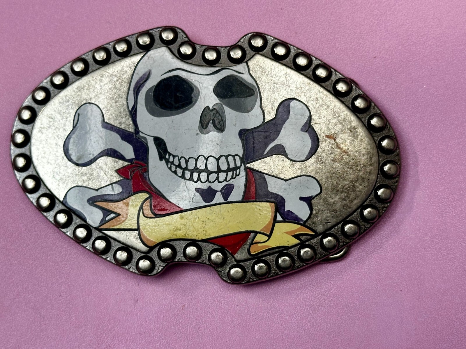 Smiling Skull Head Crossbones Ribbon Picture On Studded Unique Belt Buckle