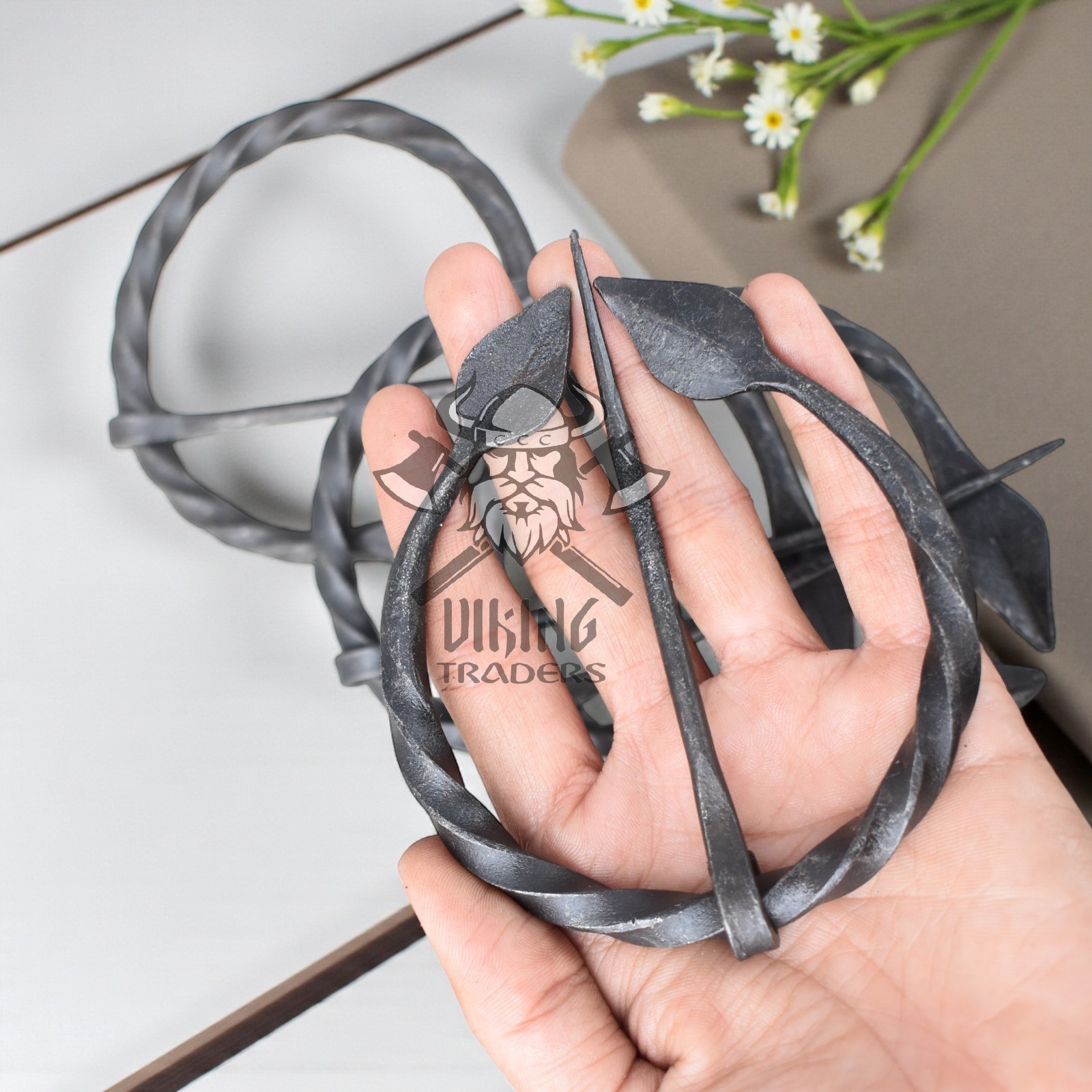 Hand-Forged Medieval Viking Iron Brooch Leaf Design Cloak Pin ( Set of 4)