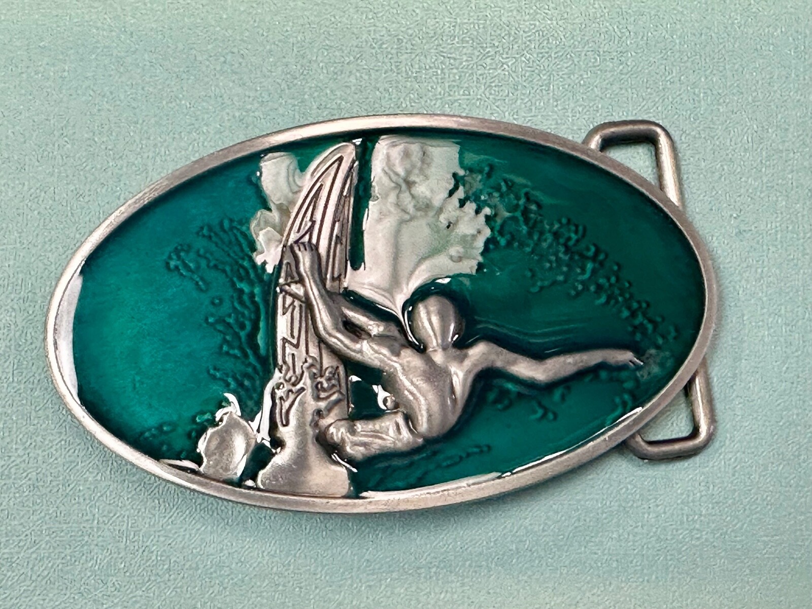 Surfer Riding A Wave Hang 10 Oval Aqua Ocean Sea Blue Color Belt Buckle