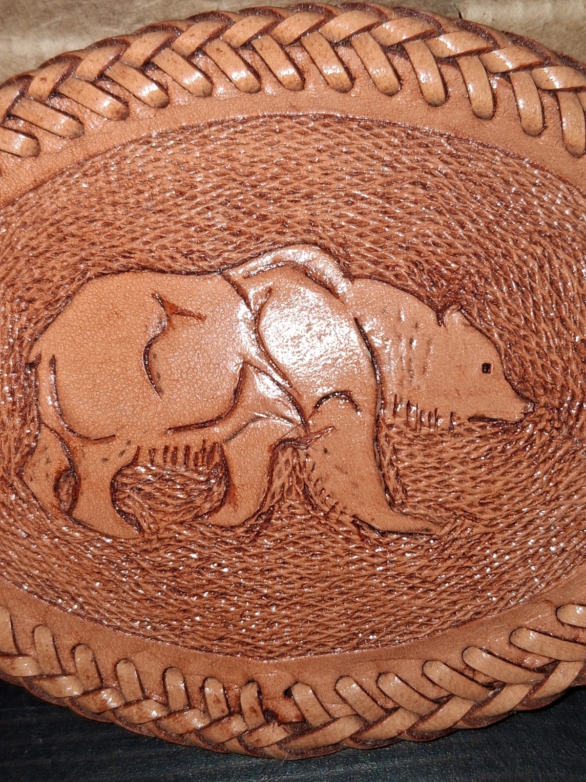 Handmade Tooled Leather Bear Belt Buckle Rust Brown 4.5&Prime; X 3.5&Prime;