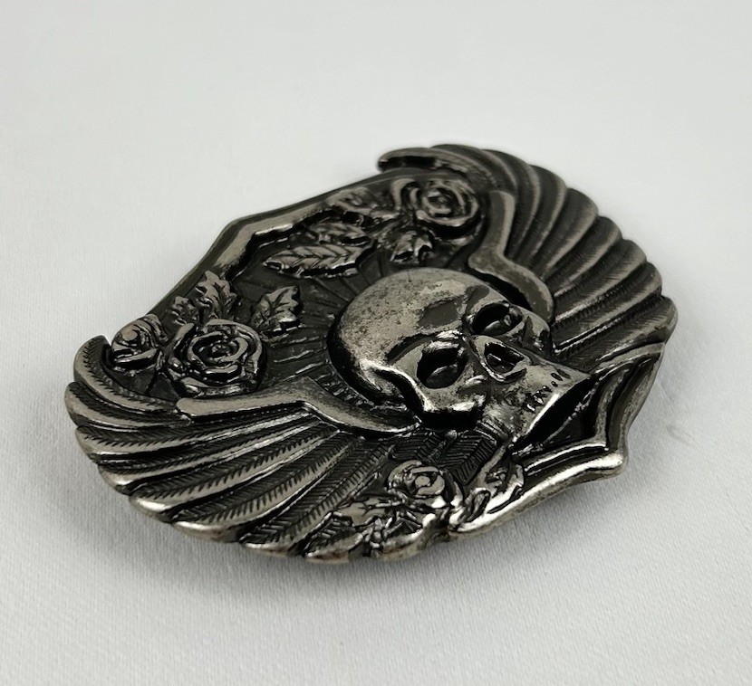 Belt Buckle – Skull With Wings and Roses. Biker Buckle to suit 1.5&Prime; (40mm) Belt