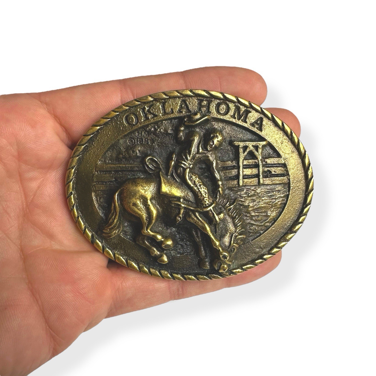 VTG 1980 Brass All Around Cowboy Oklahoma Western Bucking Horse Belt Buckle 3.5”