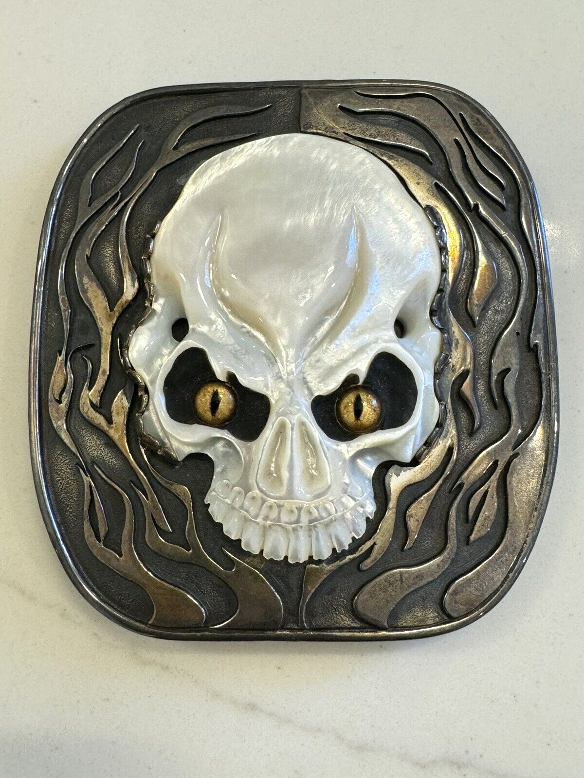 John Winston for J.W. Cooper Sterling Silver Skull Buckle w/ Pearl Skull(1of1)