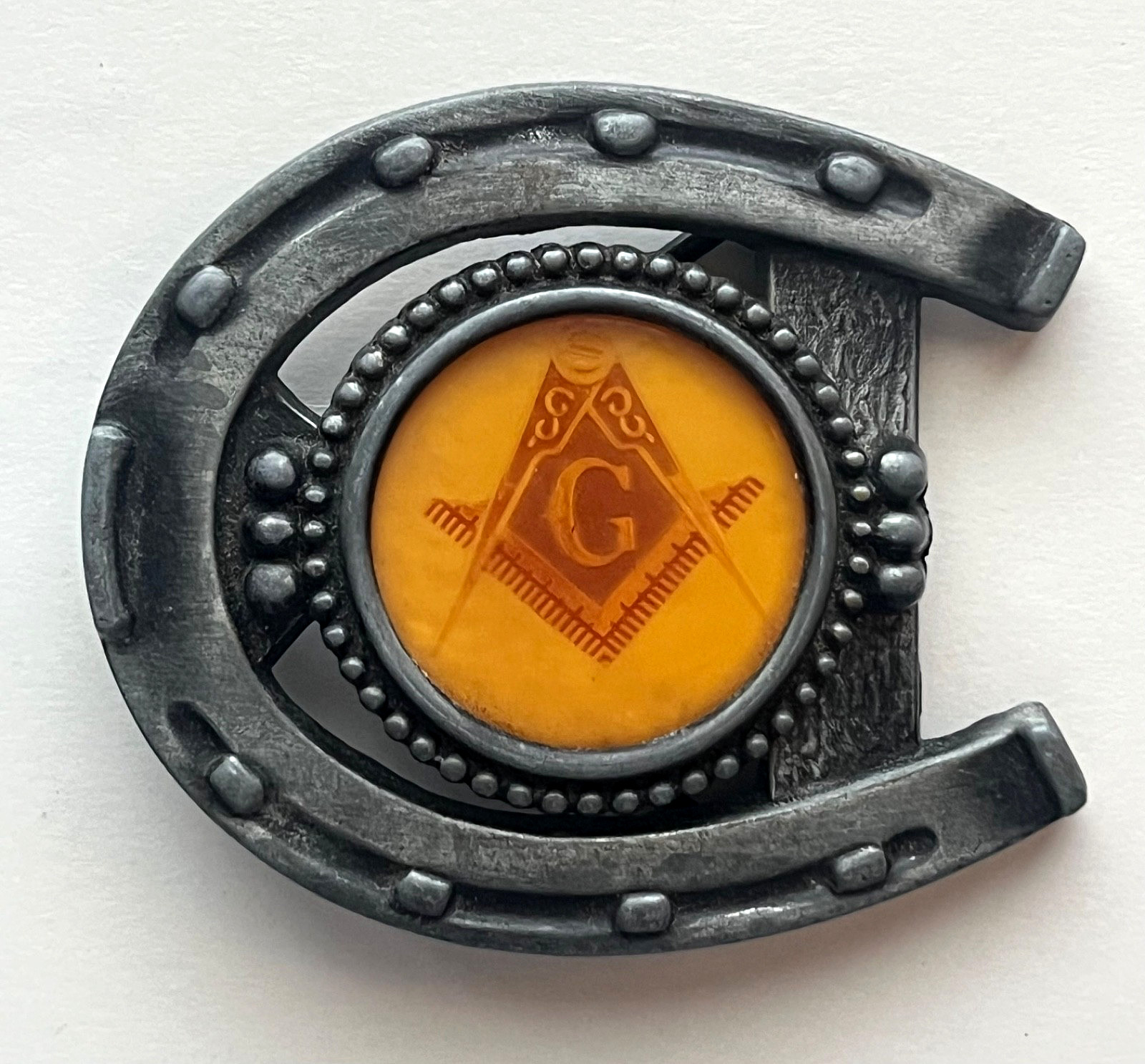 Vintage Masonic Freemason Horseshoe Belt Buckle Gold Enamel Compass G Symbol