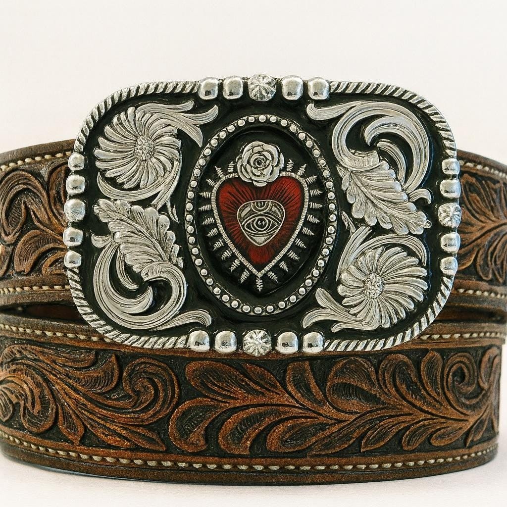 Western Sacred Heart Belt Buckle Valentines Rose Crown Mexican Art Accessory
