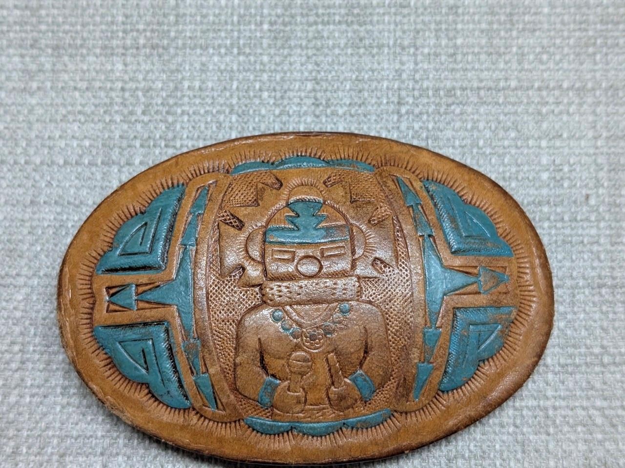 vintage 1970s belt buckle TOOLED handcrafted NATIVE AMERICAN leather INDIAN