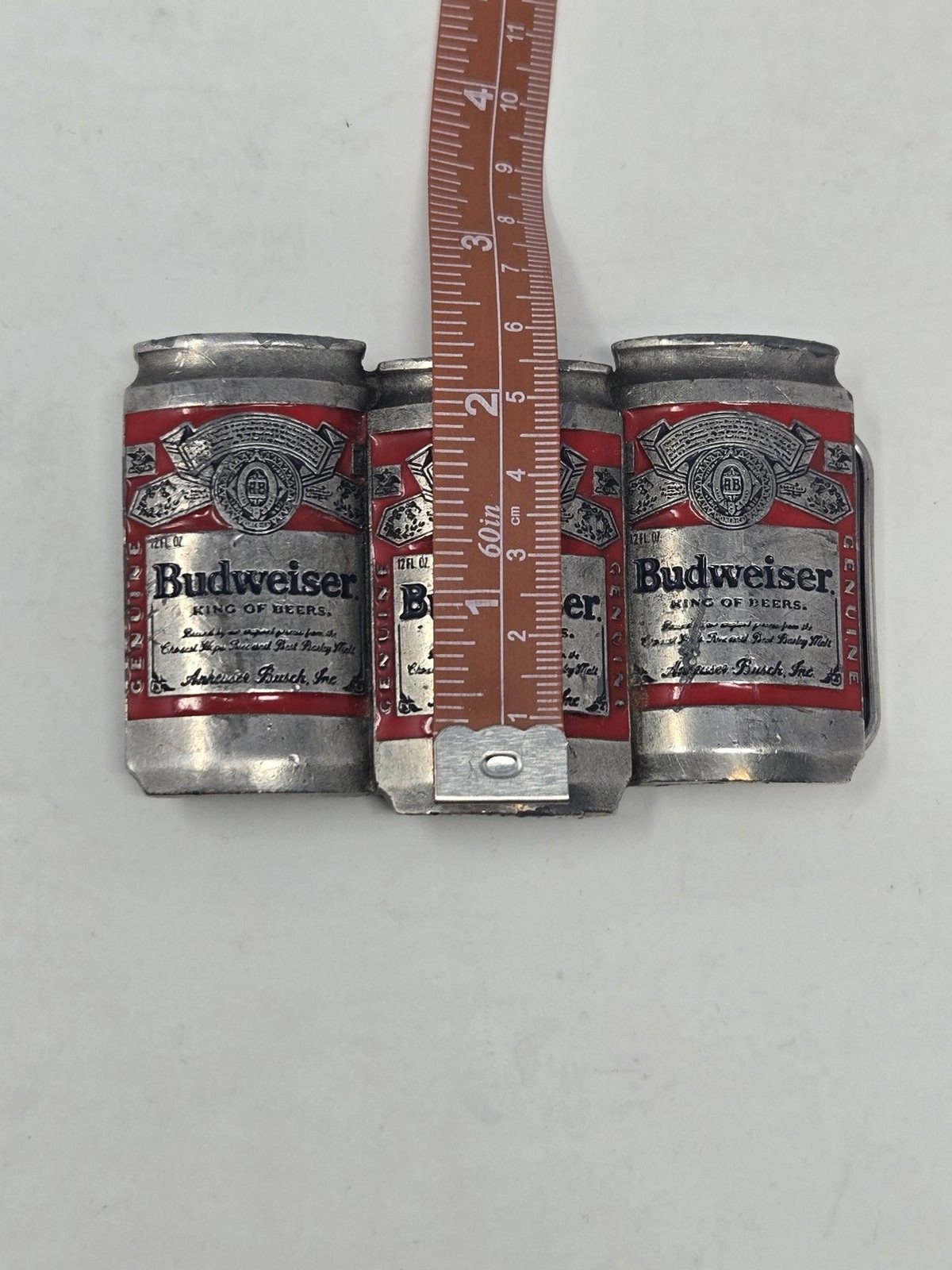 BUDWEISER ANHEUSER-BUSCH VINTAGE METAL BELT BUCKLE BEER CANS PEWTER RED MENS OS