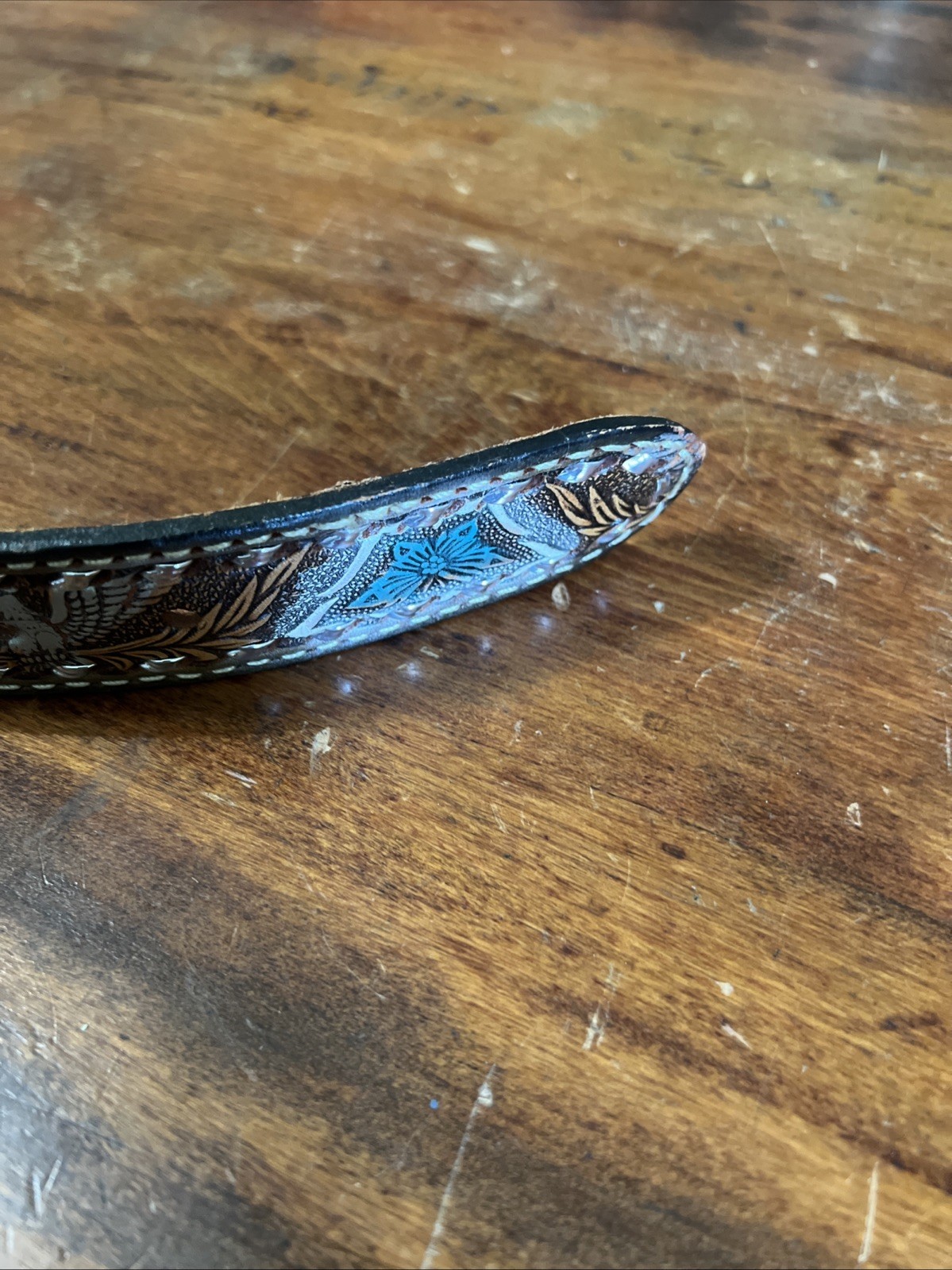 Handmade Patriotic Western Belt 30-Eagles-Brn/White-Blue-Stitches-Buckle-Leather