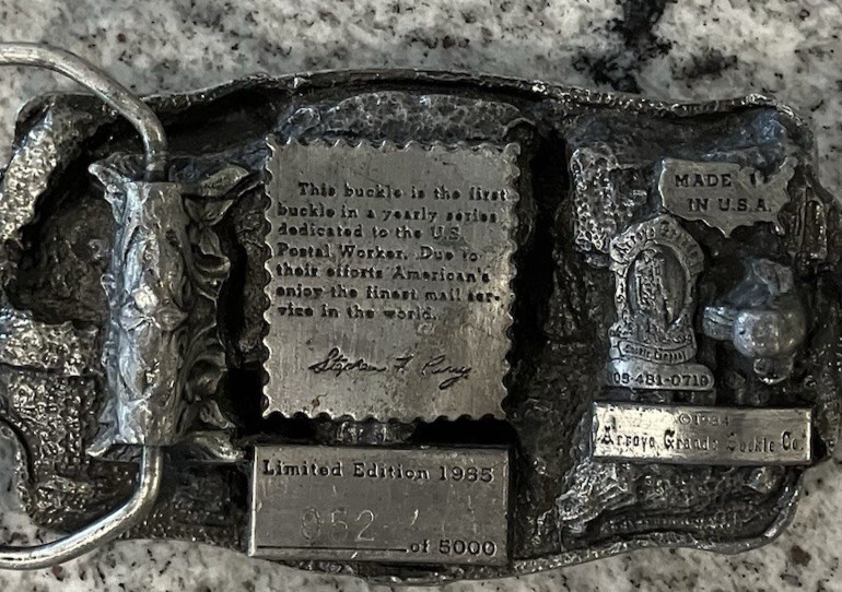 Vintage 1985 Postal Worker Commemorative U.S. Mail Belt Buckle #952 of 5000