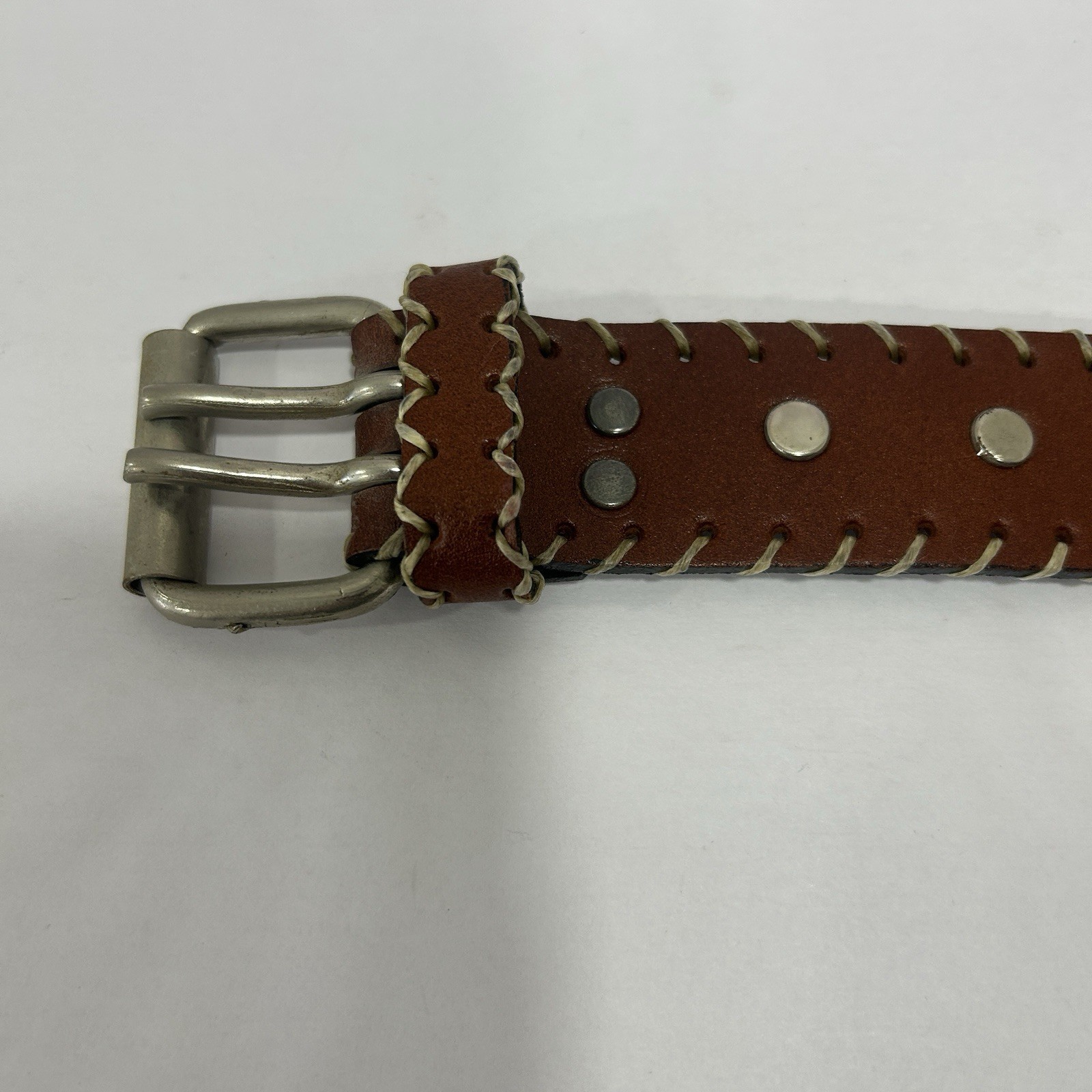Studded Brown Belt Size 34 Buckle Double Prongs Stitched Western Cowboy Theme
