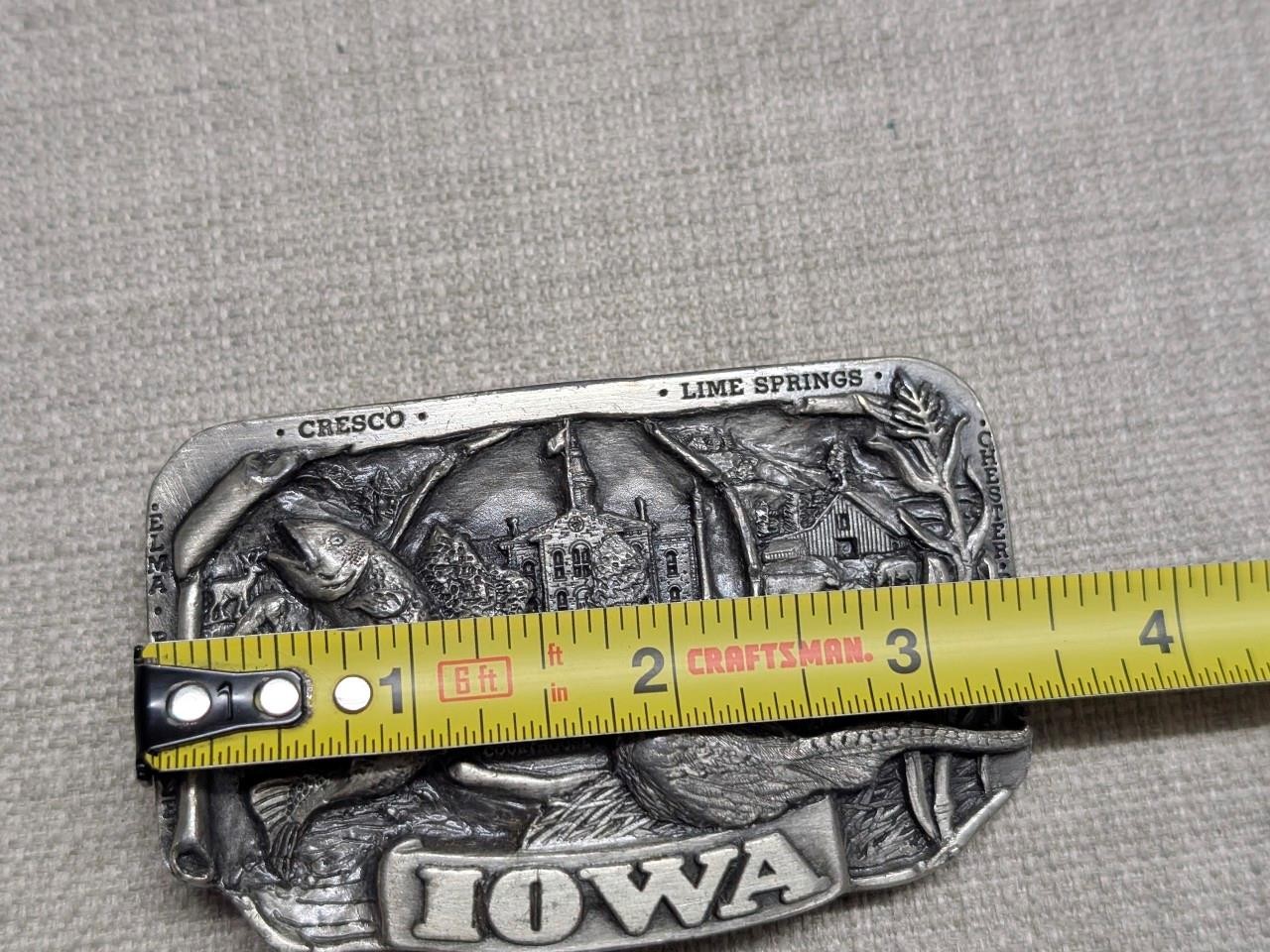 1980s vintage STATE of IOWA belt buckle HEAVY DUTY solid pewter WESTERN cowboy