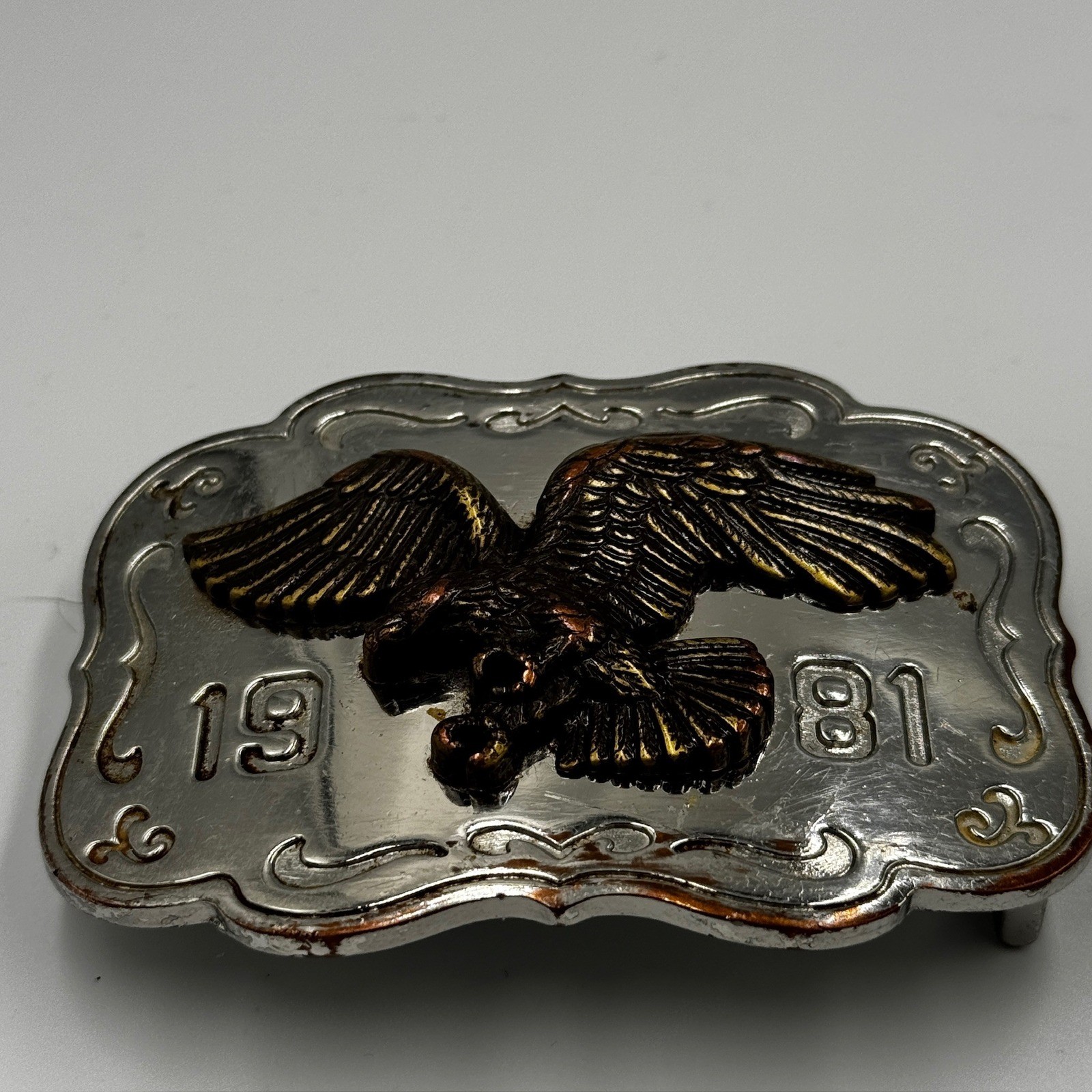Vintage 1981 Eagle Belt Buckle Western Americana Silver Bronze Two Tone 80s