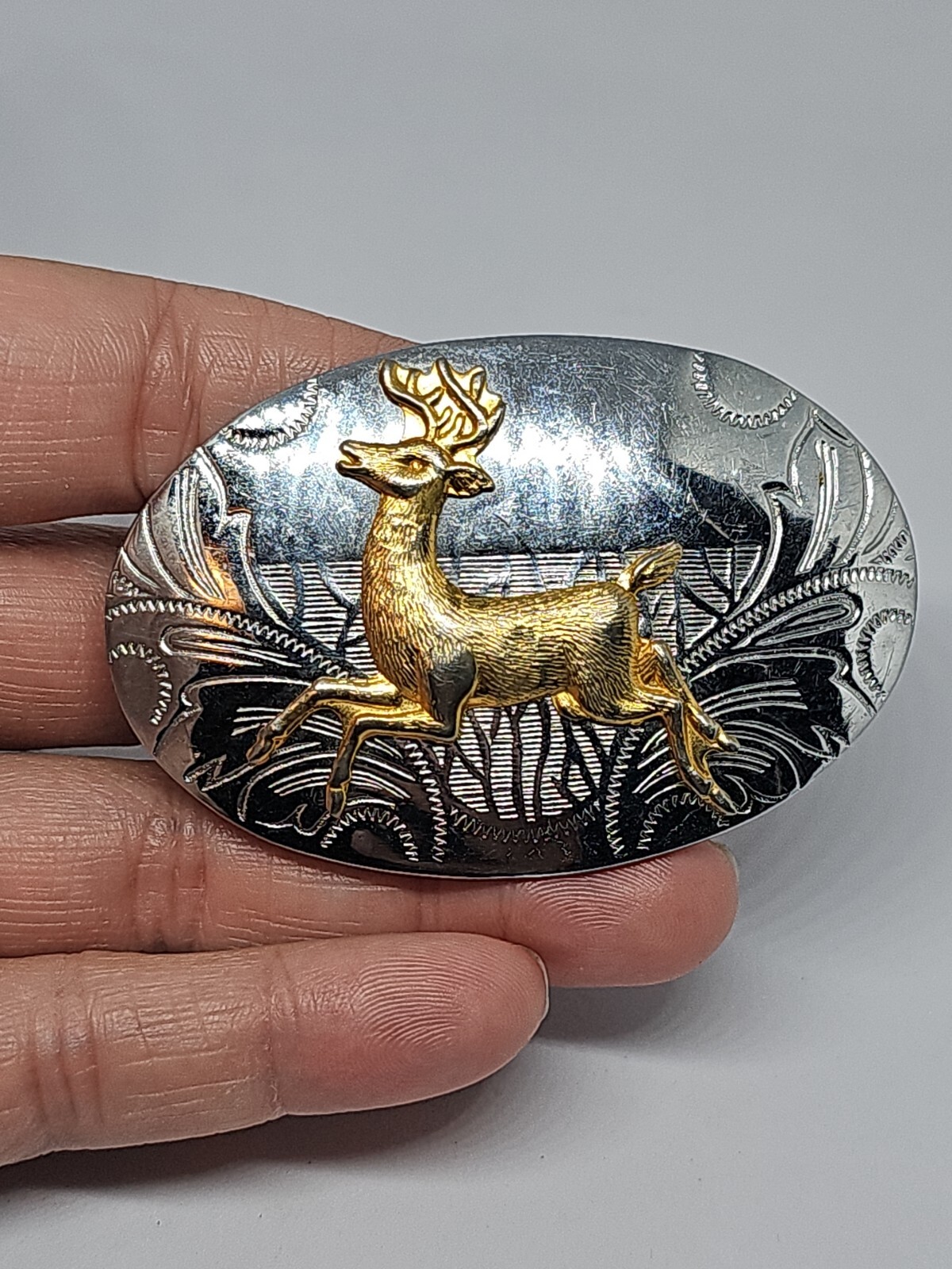 VTG Belt Buckle Crome Carved Silver Gold Belt Buckle Elk Deer Doe Shiny
