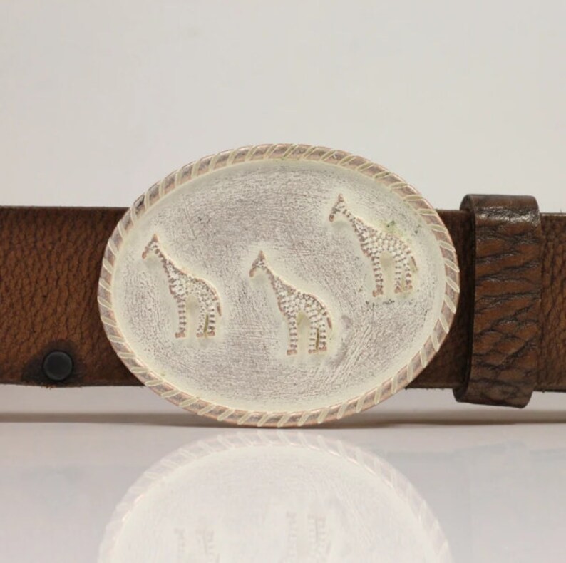 Belt Buckle Giraffe Family Antique Silver Oval Animal Print Safari Nature Design