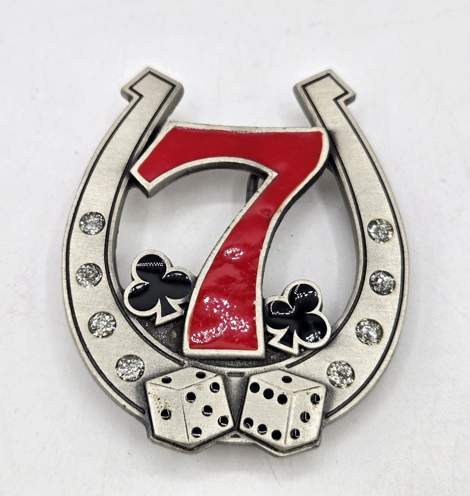 Pewter Belt Buckle Gamble Lucky 7 Horseshoe Dice Rhinestones Las Vegas