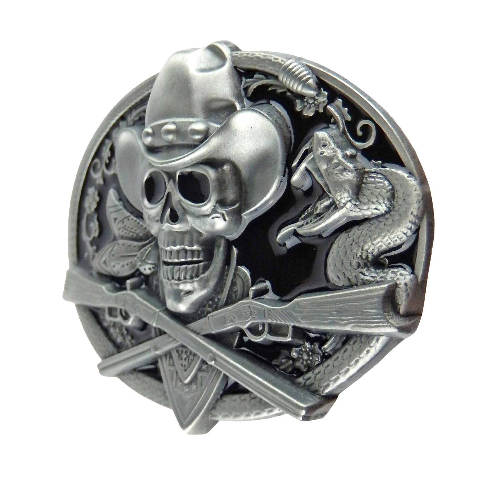 Dead Cowboy Belt Buckle Skull Crossed Guns Rattlesnake Western Fits 1.5&Prime; Belt