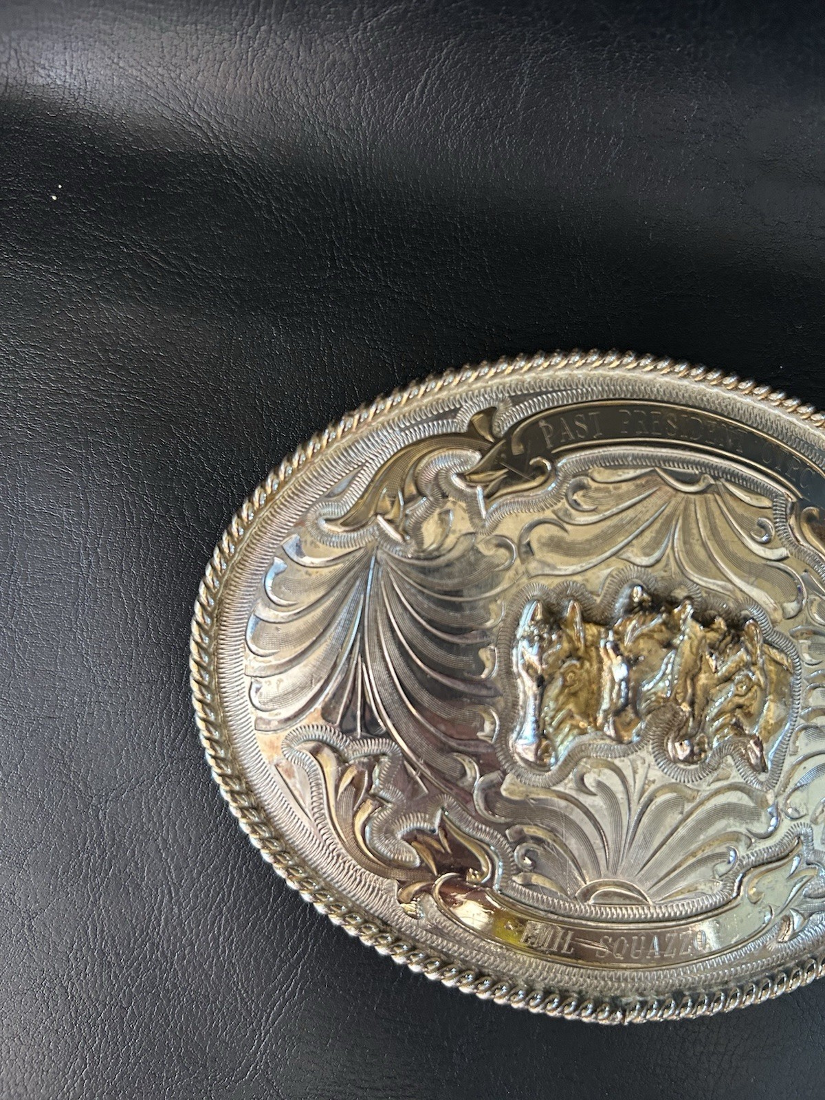 Vintage Alpaca Mexico Belt Buckle Three Horse Heads Western Filigree