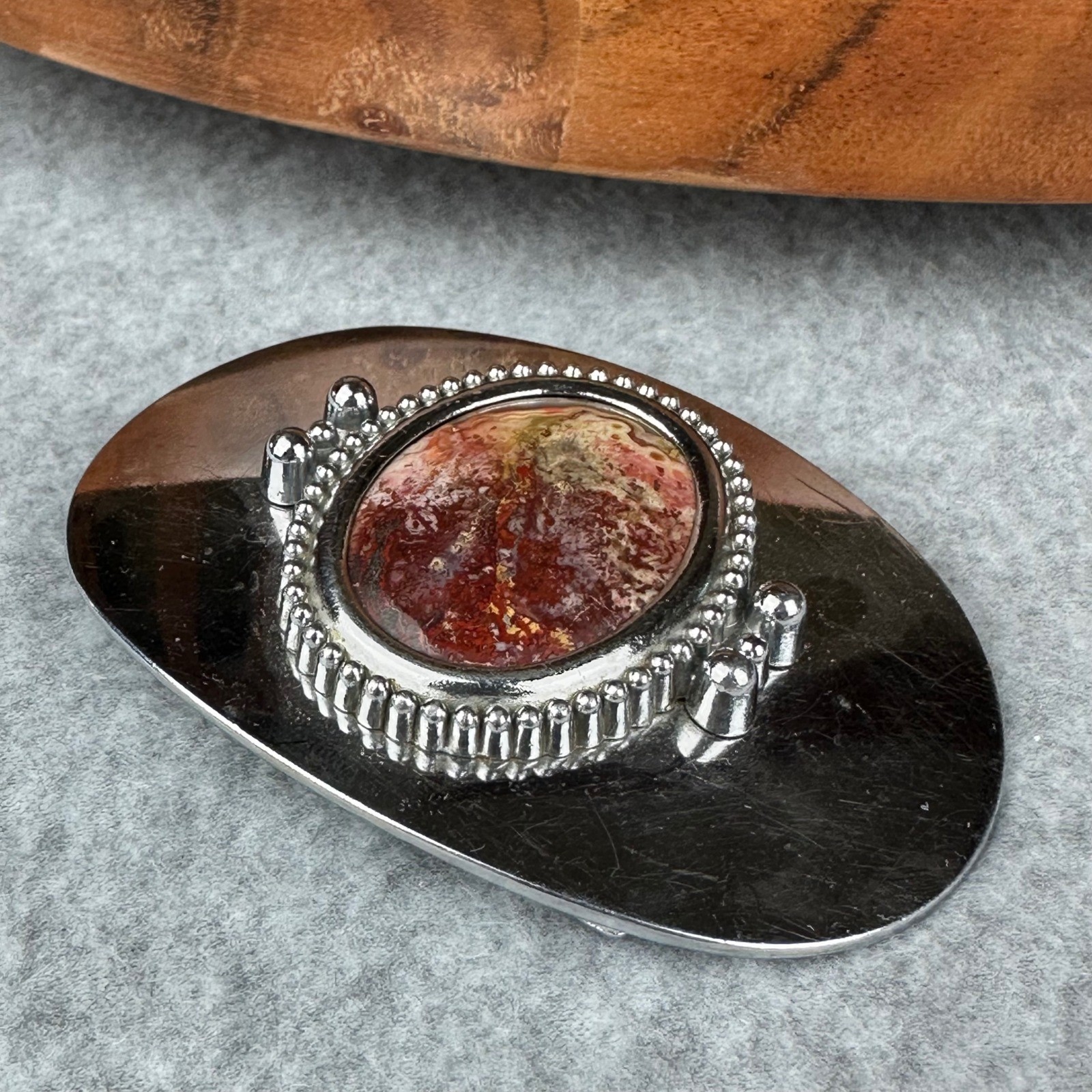 Vtg Style Red Lace Agate Silver Tone Oval Western Belt Buckle