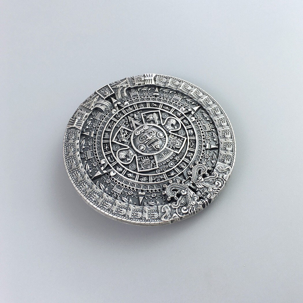 Vintage Silver Plated Aztec Calendar Belt Buckle Boucle de ceinture