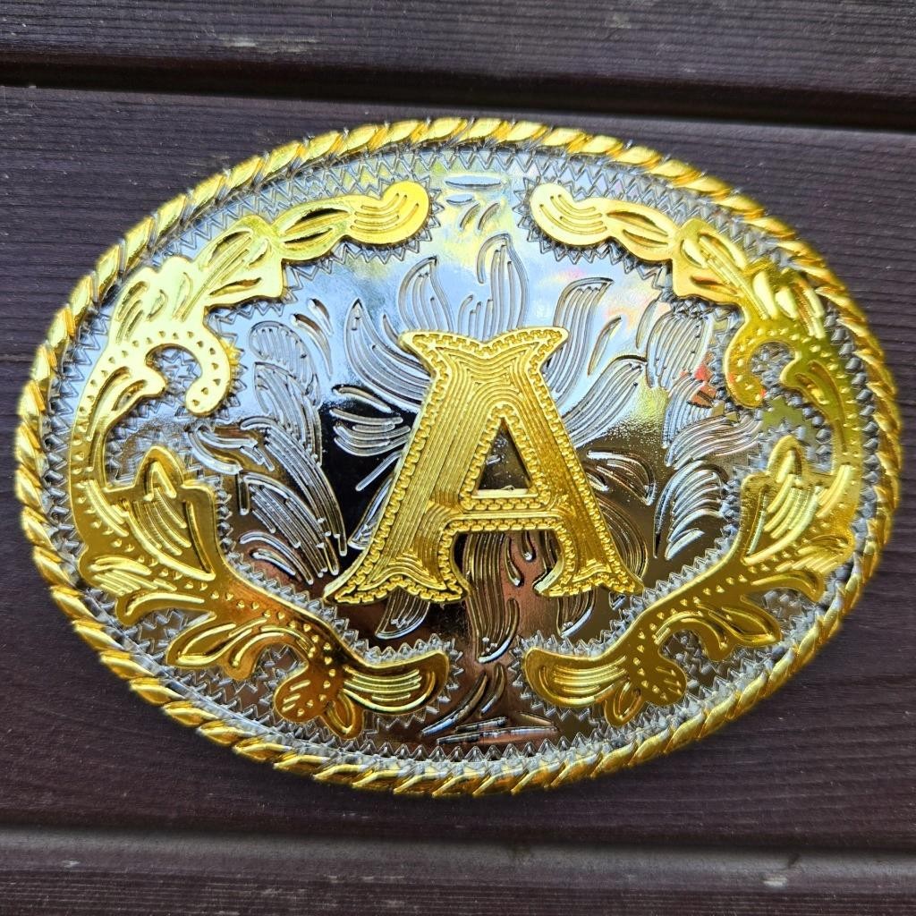 INITIAL  » A  » RODEO COWBOY LETTER SHINE GOLD SILVER WESTERN BELT BUCKLE