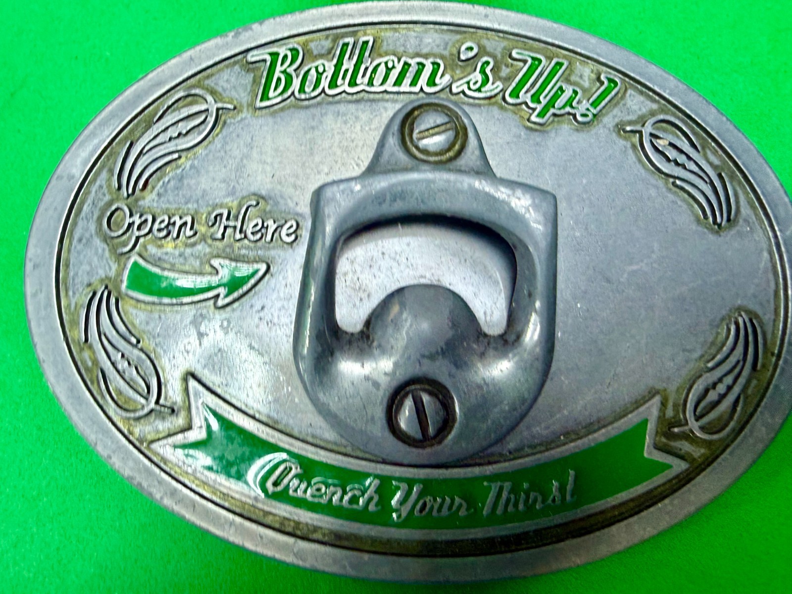 Bottom&rsquo;s Up! Open Here Quench Your Thirst Belt Buckle with Bottle Opener