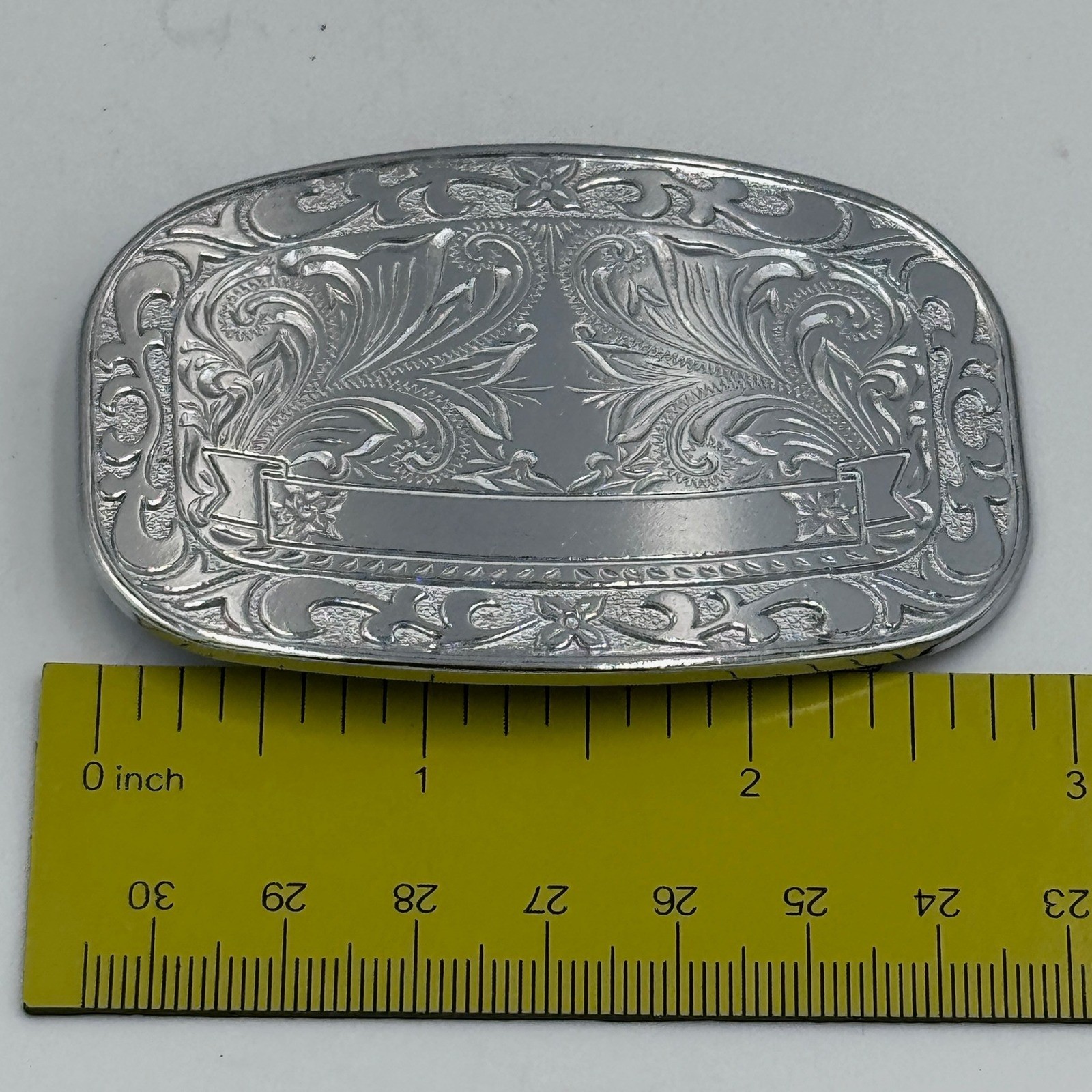 Western Floral Engraved Silver Tone Oval Belt Buckle Cowboy Scrollwork Design