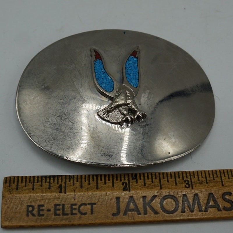Vintage Eagle Belt Buckle Silver Tone Oval Turquoise Red Inlay Western Fits 2in