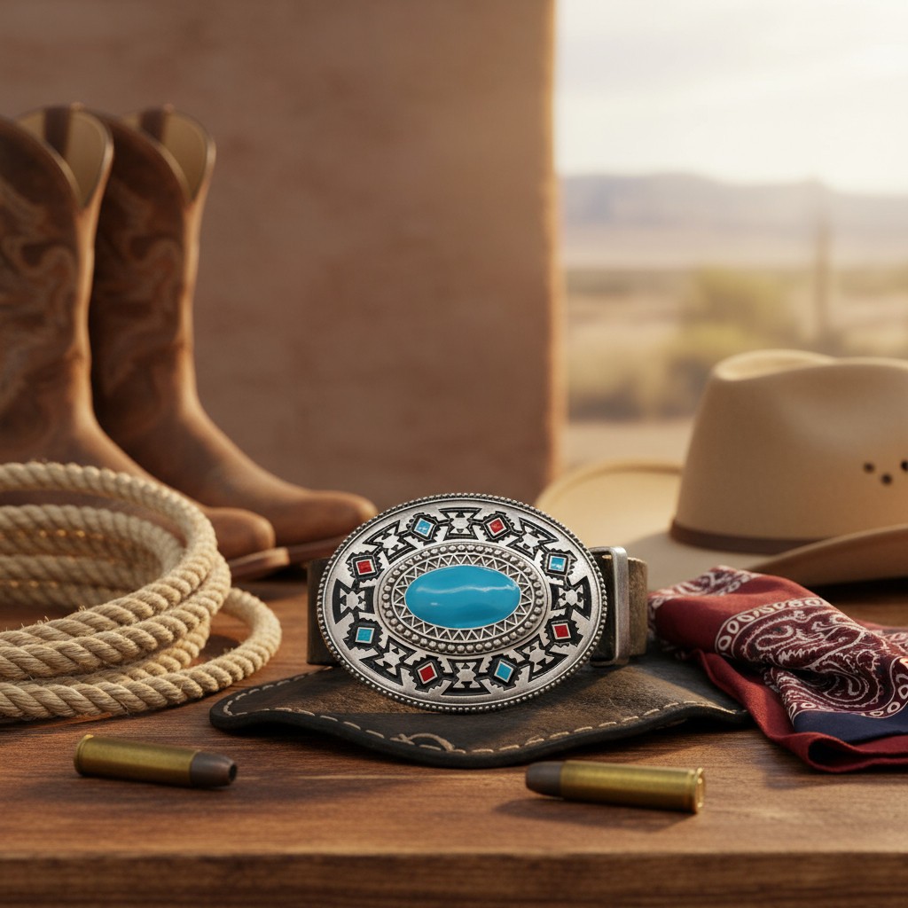 Men Silver Metal Buckle Native Ethnic Oval Turquoise Blue Red Black Mayan Print