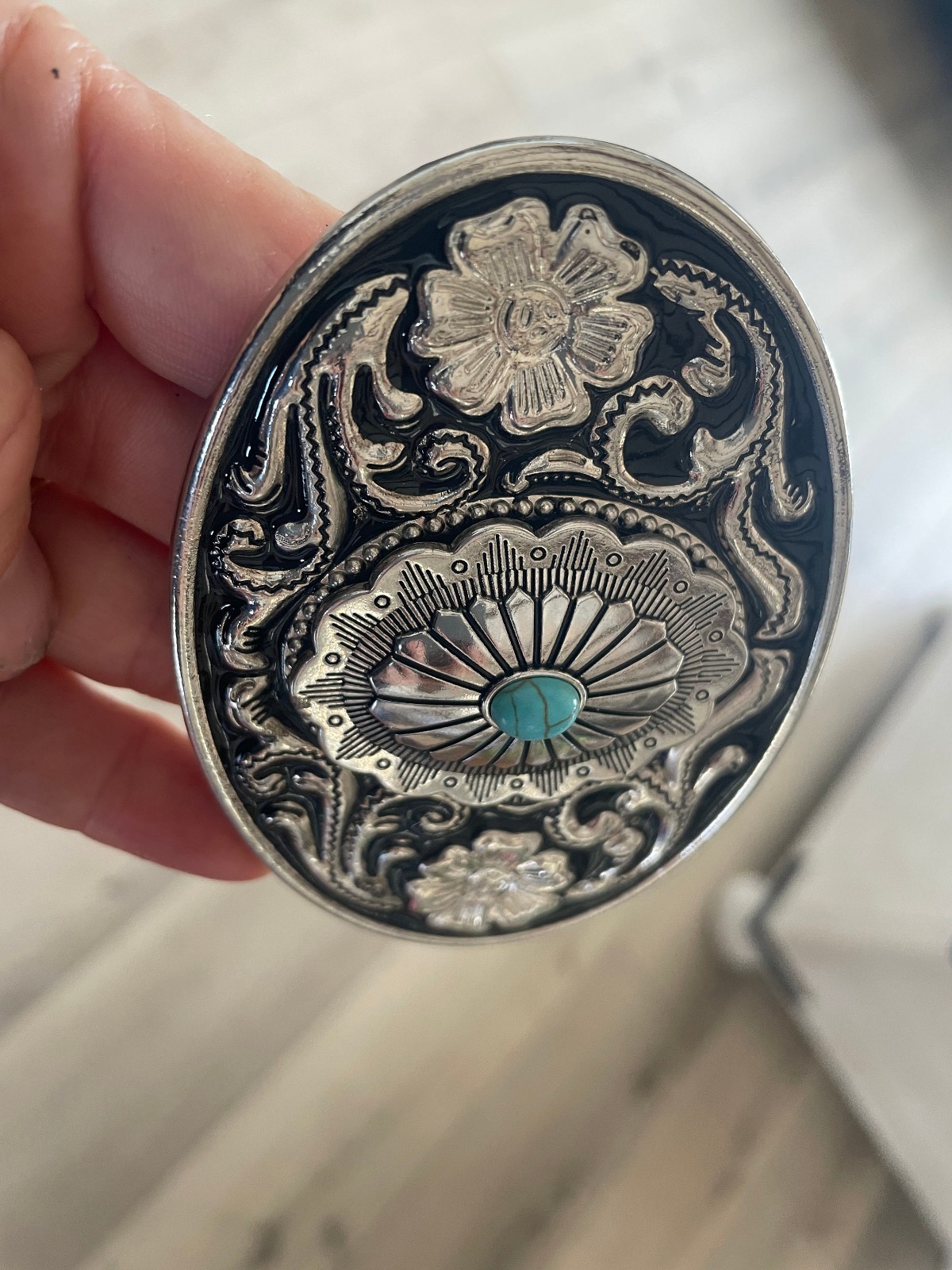 Turquoise Western Belt Buckle Engraved Silver Oval Cabochon Cowboy Rodeo Style