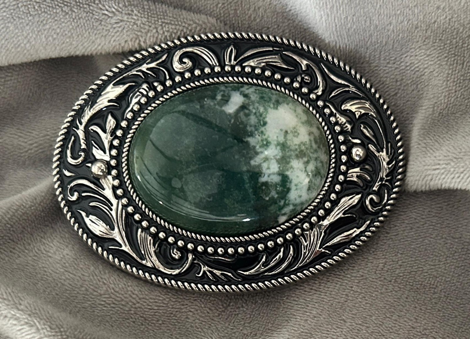 Green Stone Belt Buckle Engraved Silver Western Design Cowboy Rodeo Vintage