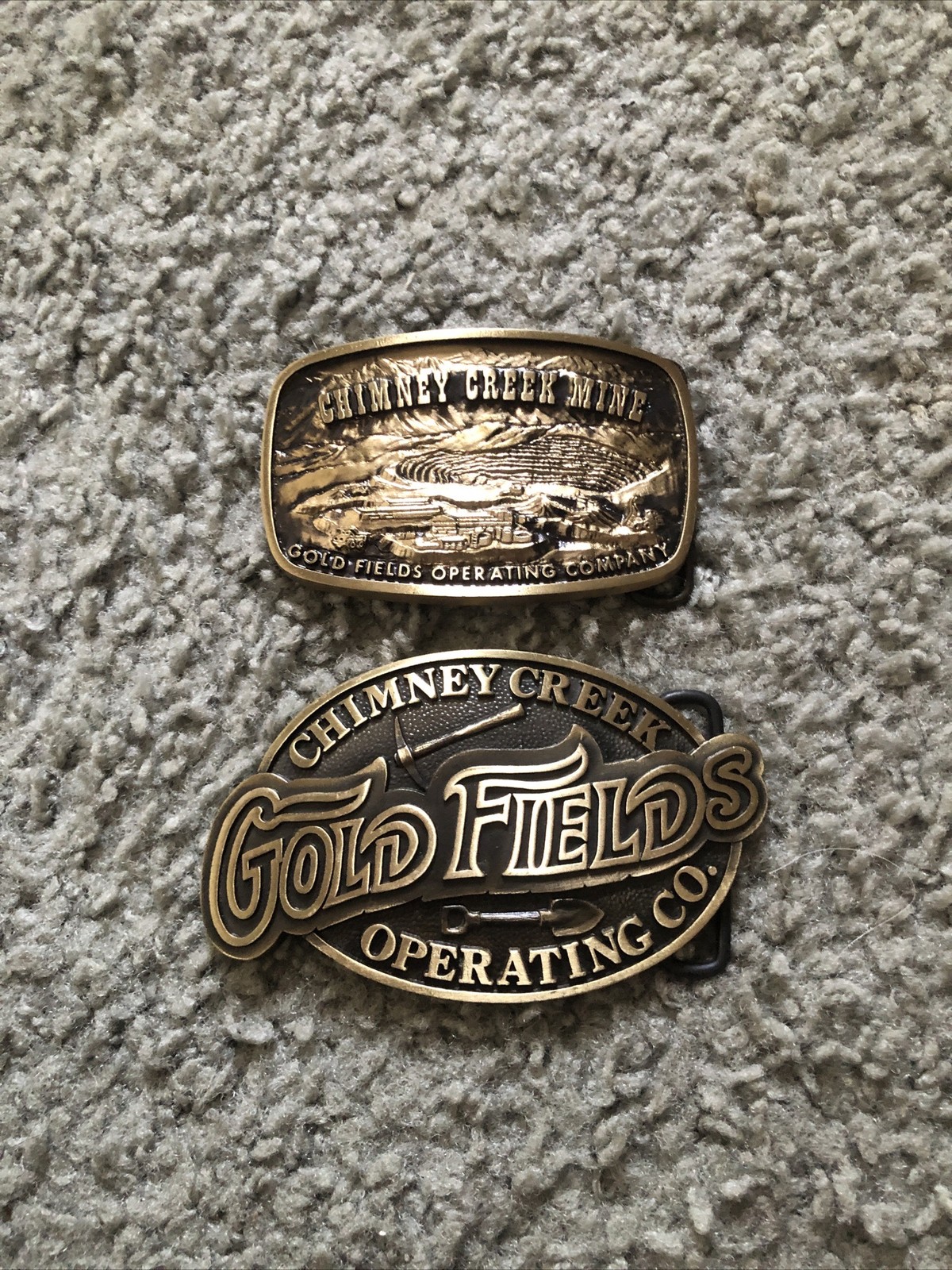 2x Chimney Creek Operating Co. Gold Fields Belt Buckles Solid Bronze Limited Edt