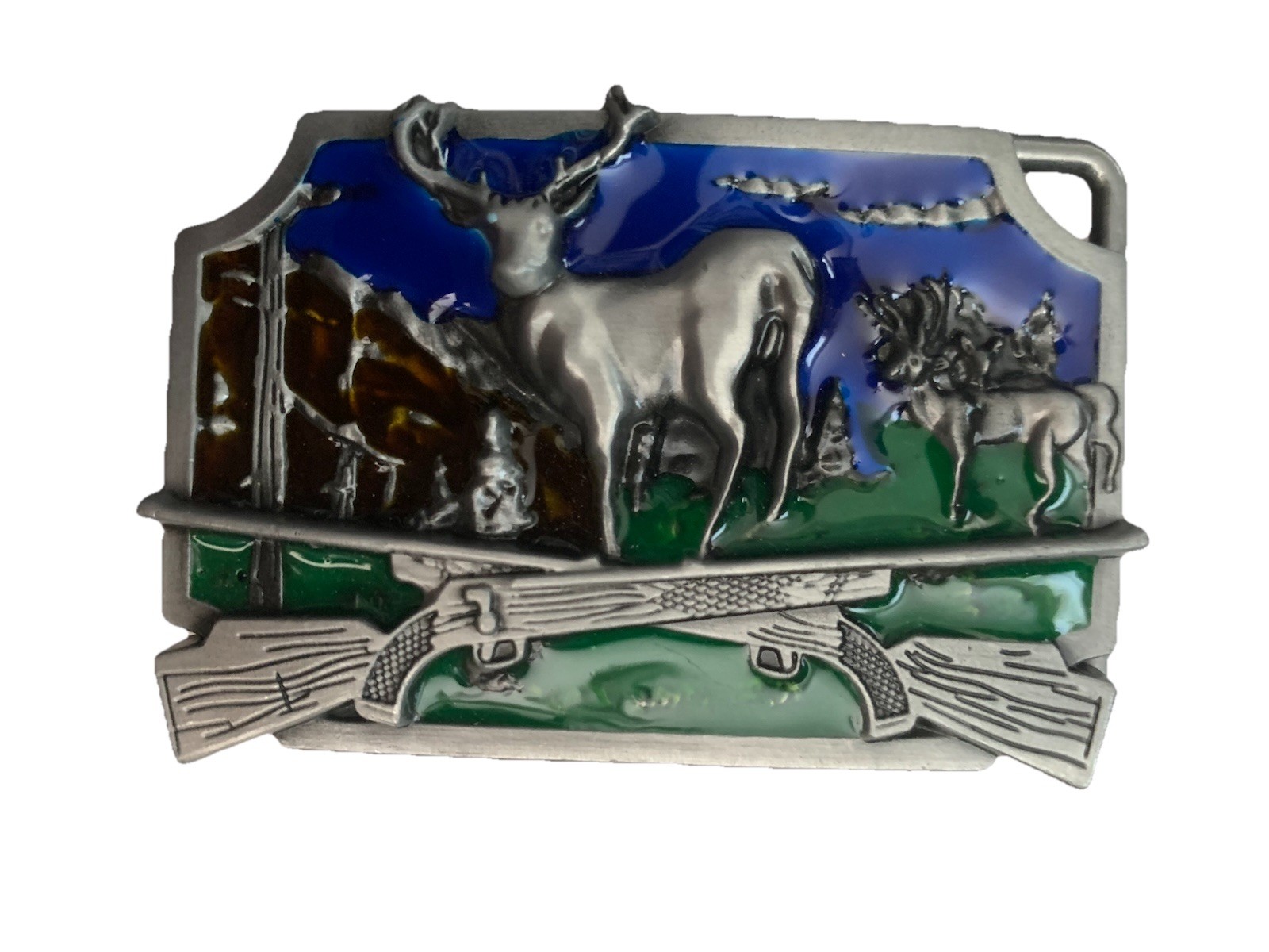 Deer Hunting Belt Buckle Rifles Metal Blue Green Enameled Nice!