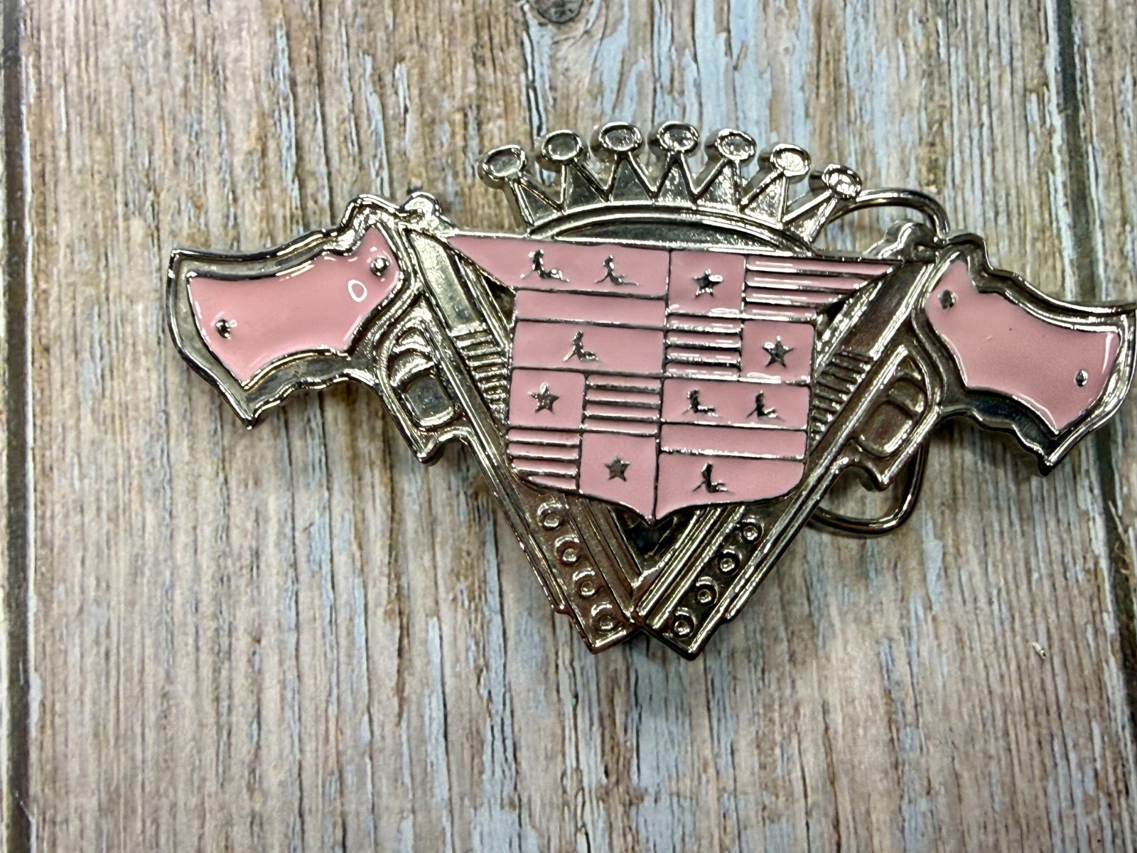 Guns Crown Shield Trucker Cadillac Grill Pink Enamel Belt Buckle Bottle Opener