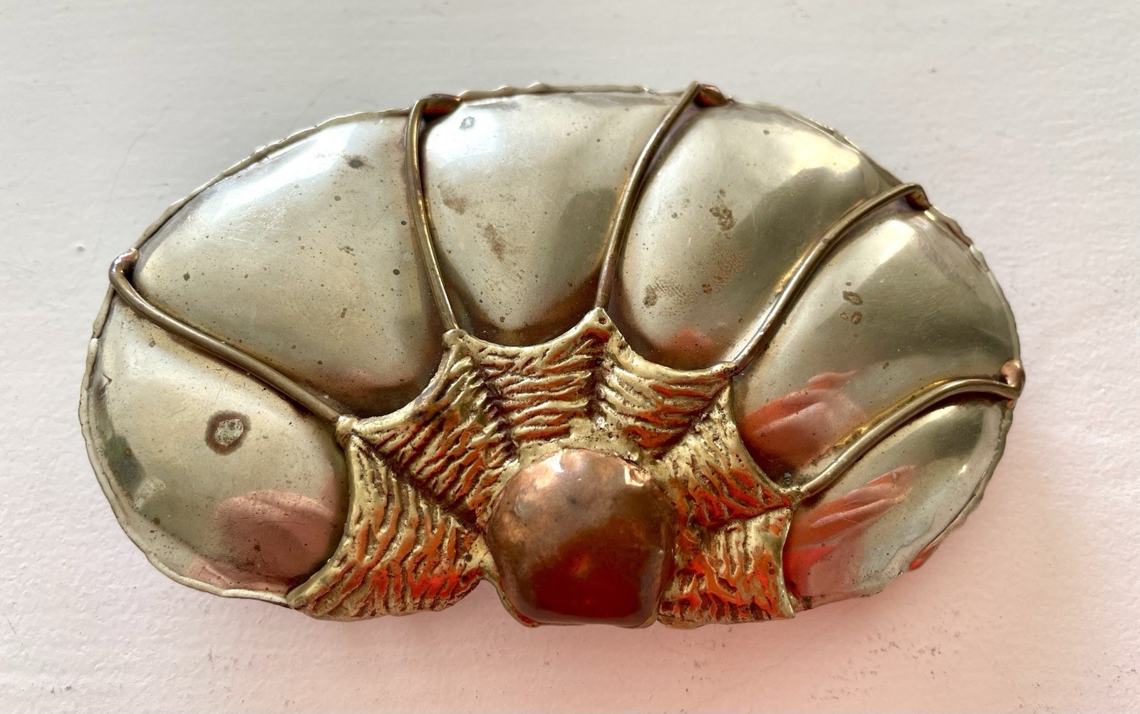 Vintage Brass Pearl Shell Belt Buckle Mixed Metals Brutalist Sea Life Unusual