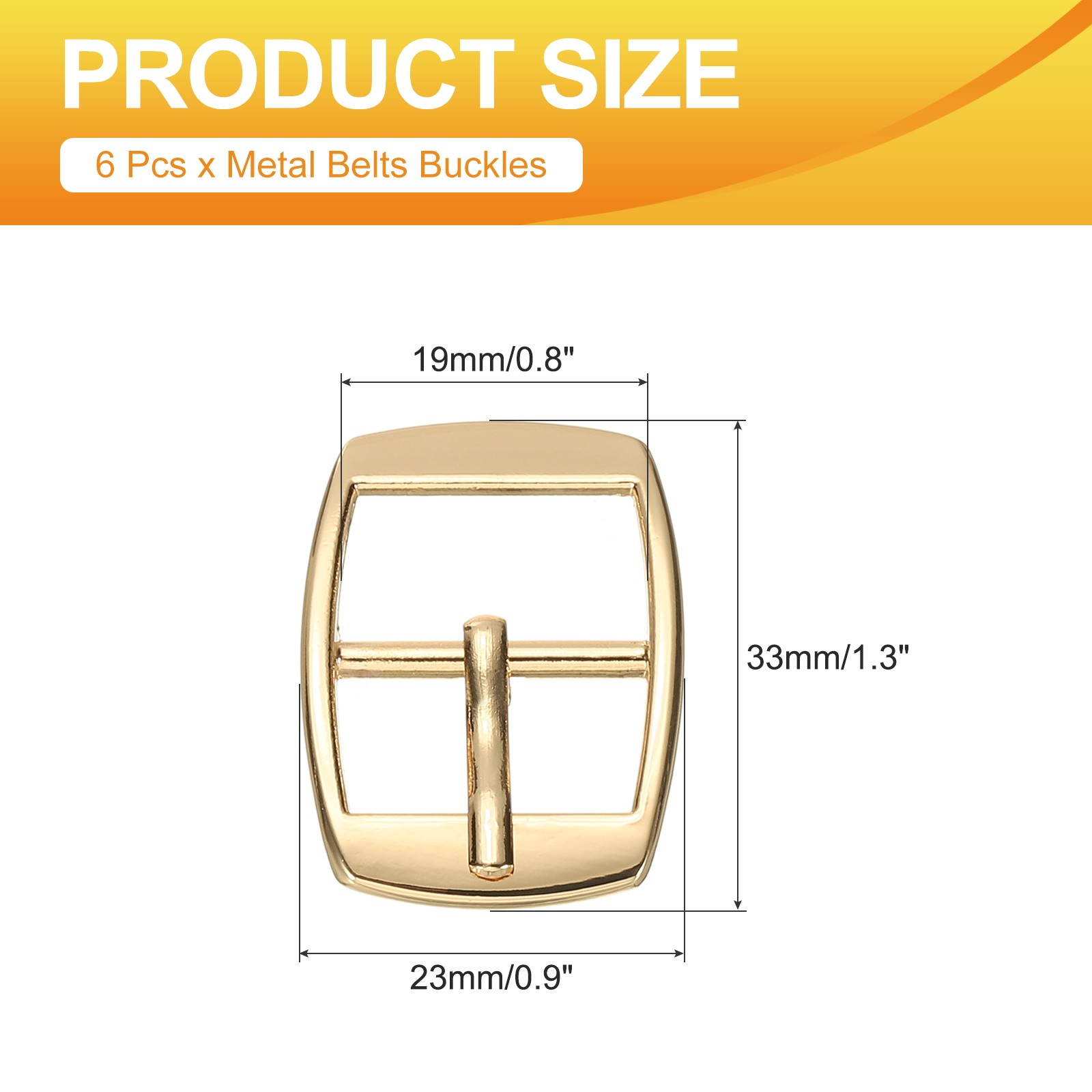6 Pcs 0.8 Inch Single Prong Buckles Square Center Bar Buckles, Gold Tone