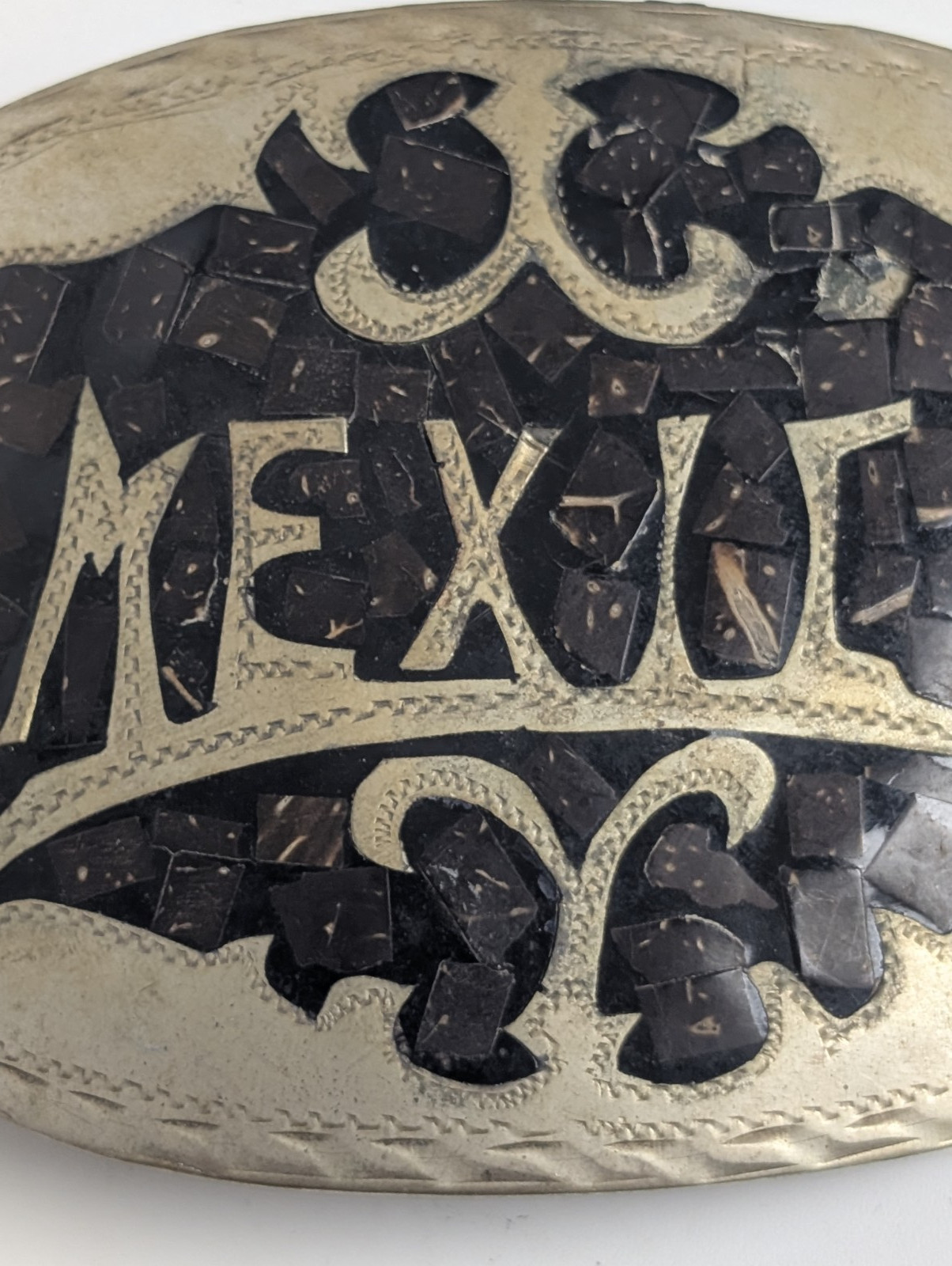 Vintage Mexico Alpaca Silver Mosaic Inlay Oval Belt Buckle Western Boho Unisex