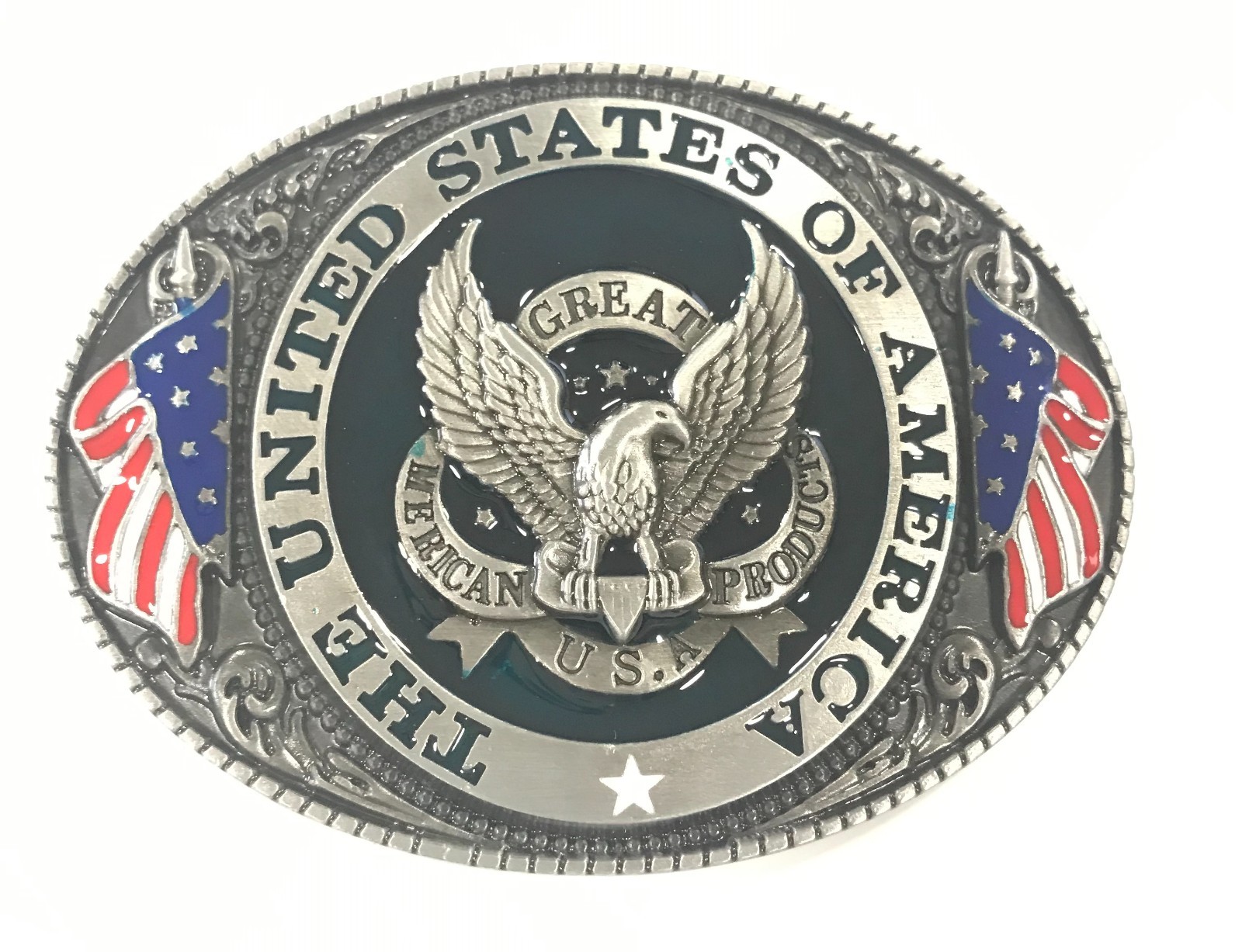 United States of America Bald Eagle Belt Buckle, Flag, USA, Antique Silver Tone