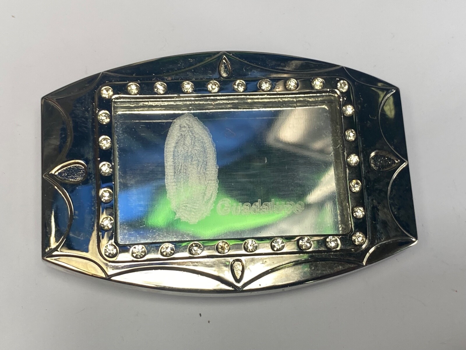 Unique Mirrored Guadalupe With Rhinestones Silver Color Hologram Belt Buckle