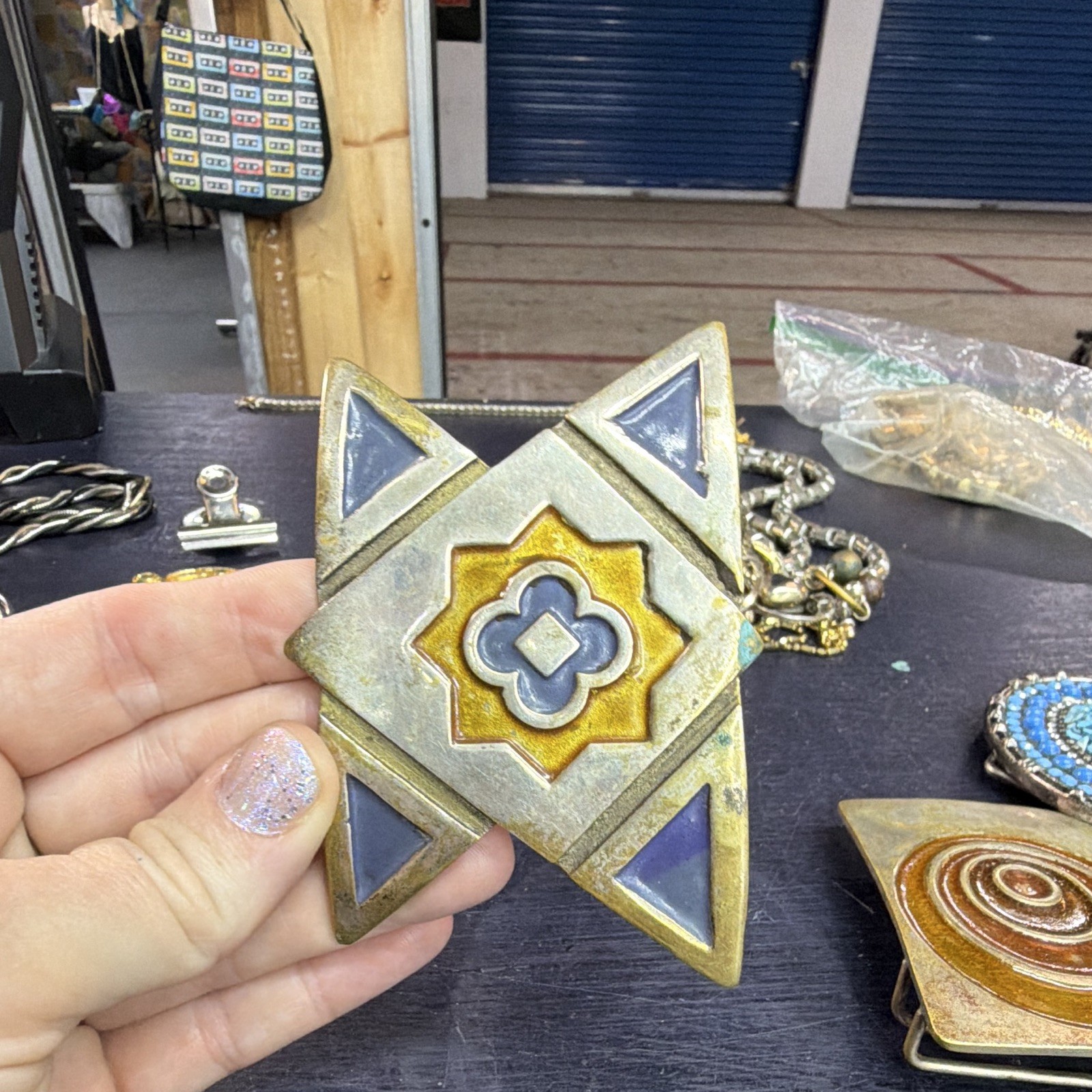 Vintage Geometric Star Enamel Brass Belt Buckle Gold Silver