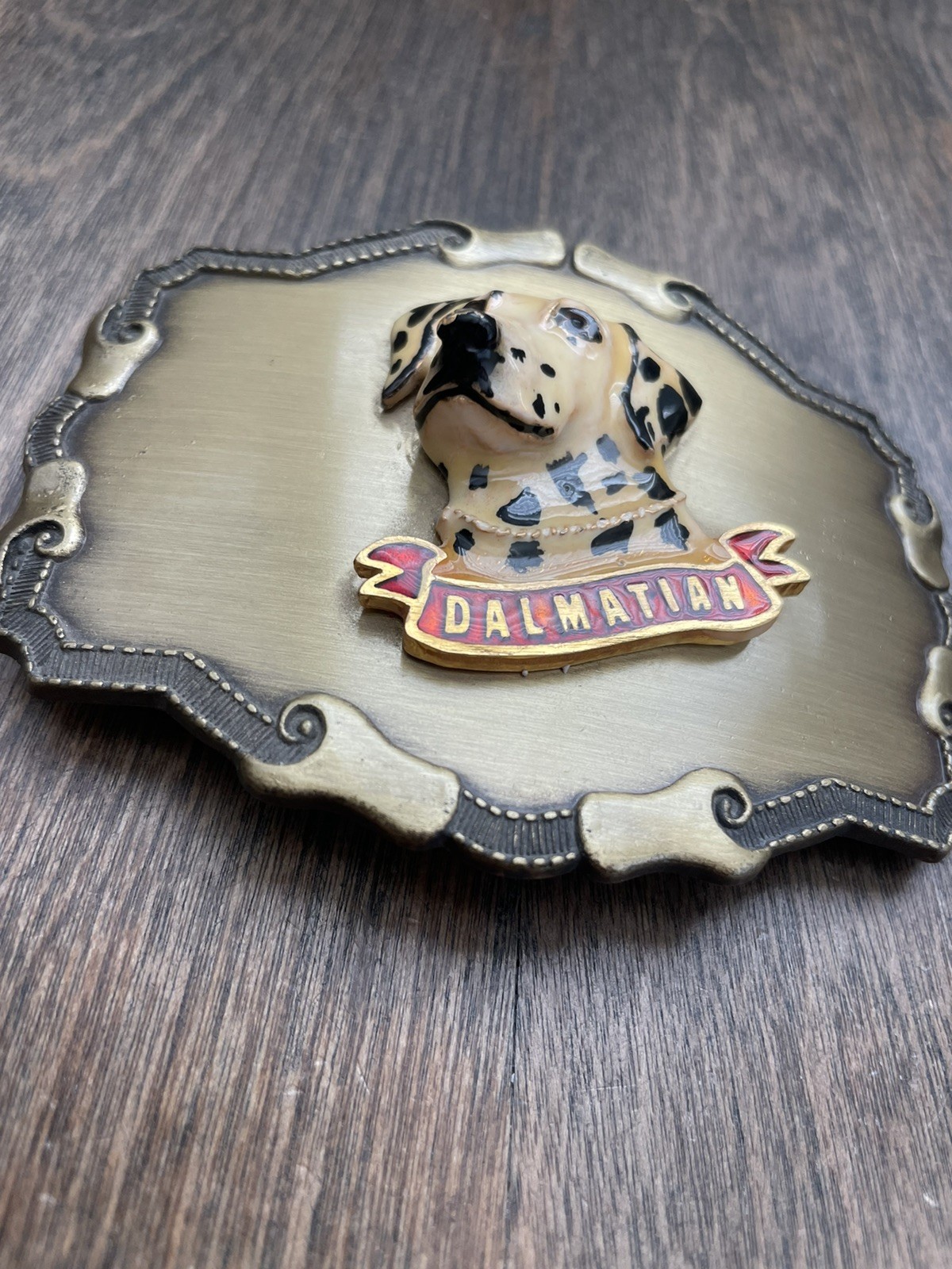 Vintage Raintree Belt Buckle Metal Or Brass 3D Enamel Dalmatian Dog Made USA