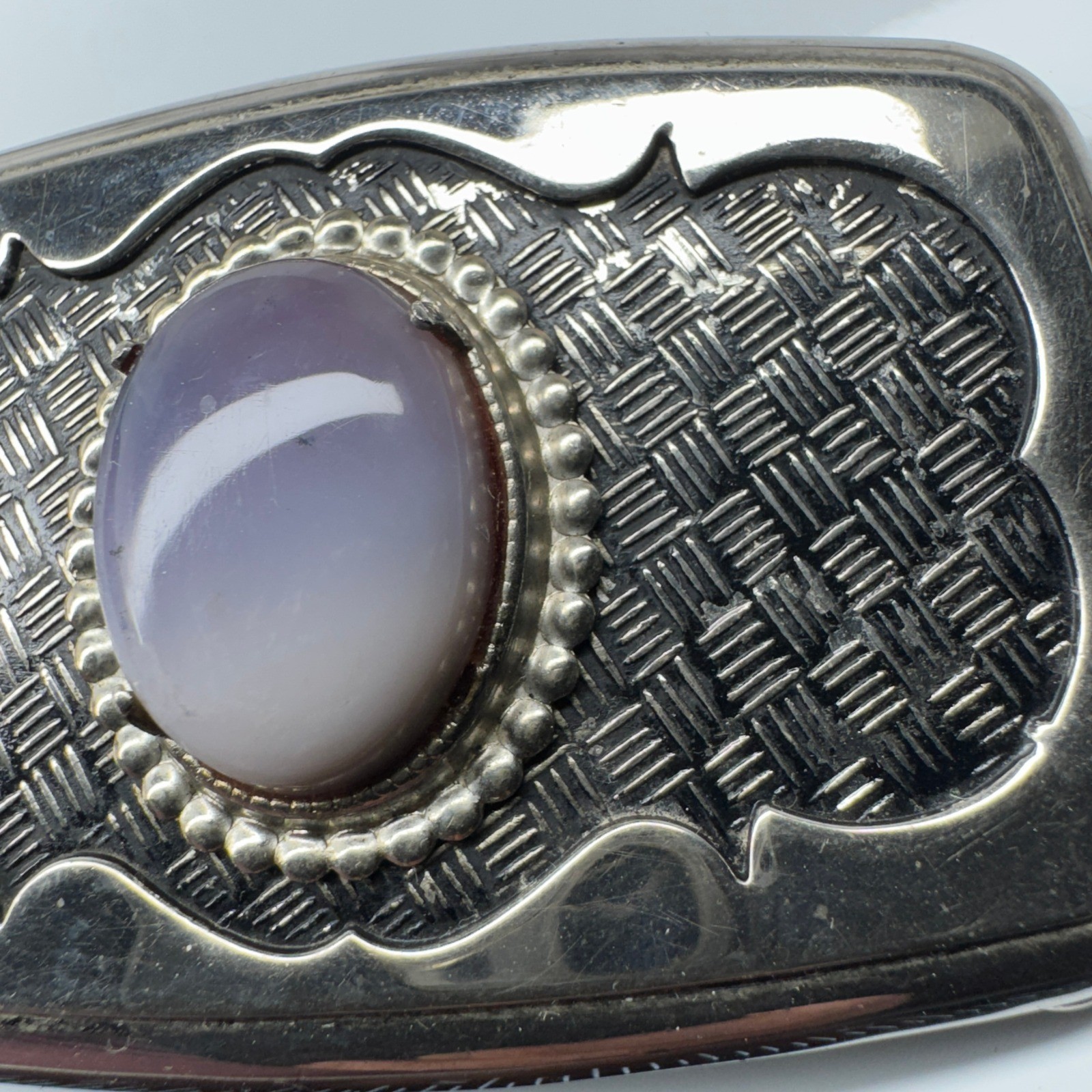 Vintage Western Style Oval Stone Belt Buckle Silver Tone Woven Pattern
