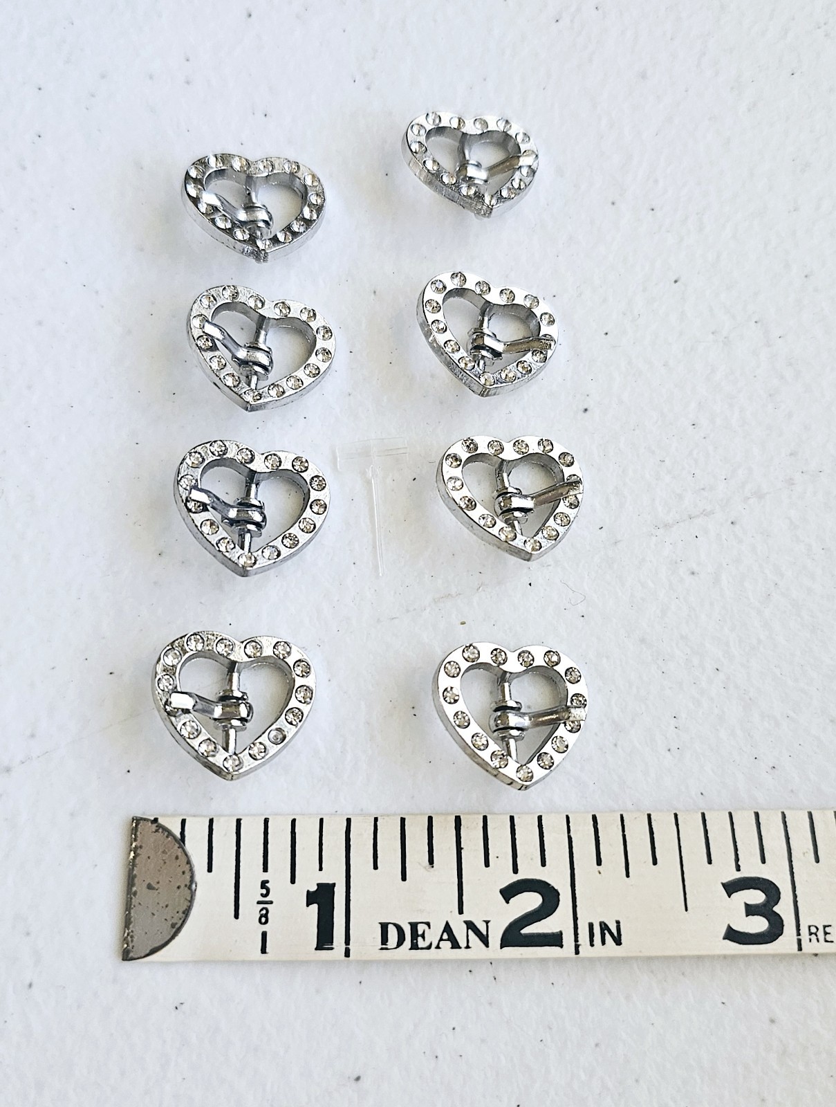 Mini Heart Buckles (8) White Rhinestones On Silvertone