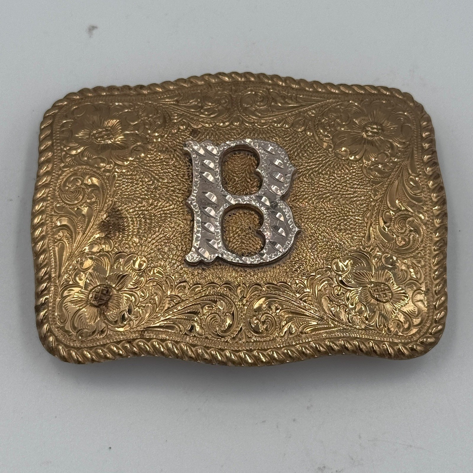 Crumrine El Arturo Bronze Western Belt Buckle Floral Engraved Initial B Vintage