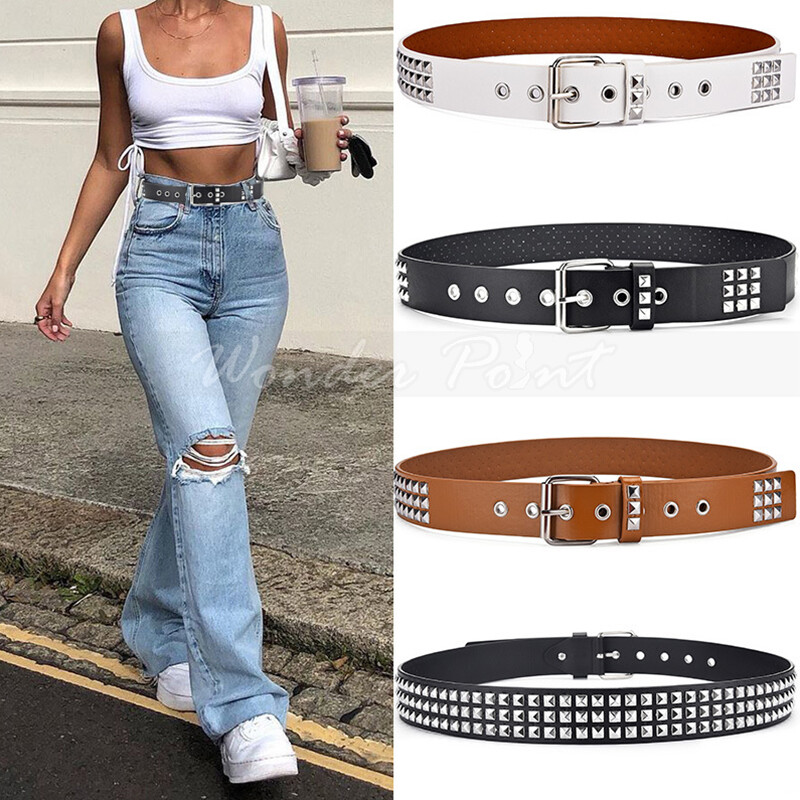 Snap On Punk Rock Star Pyramid Studded Checker Board Leather Belt